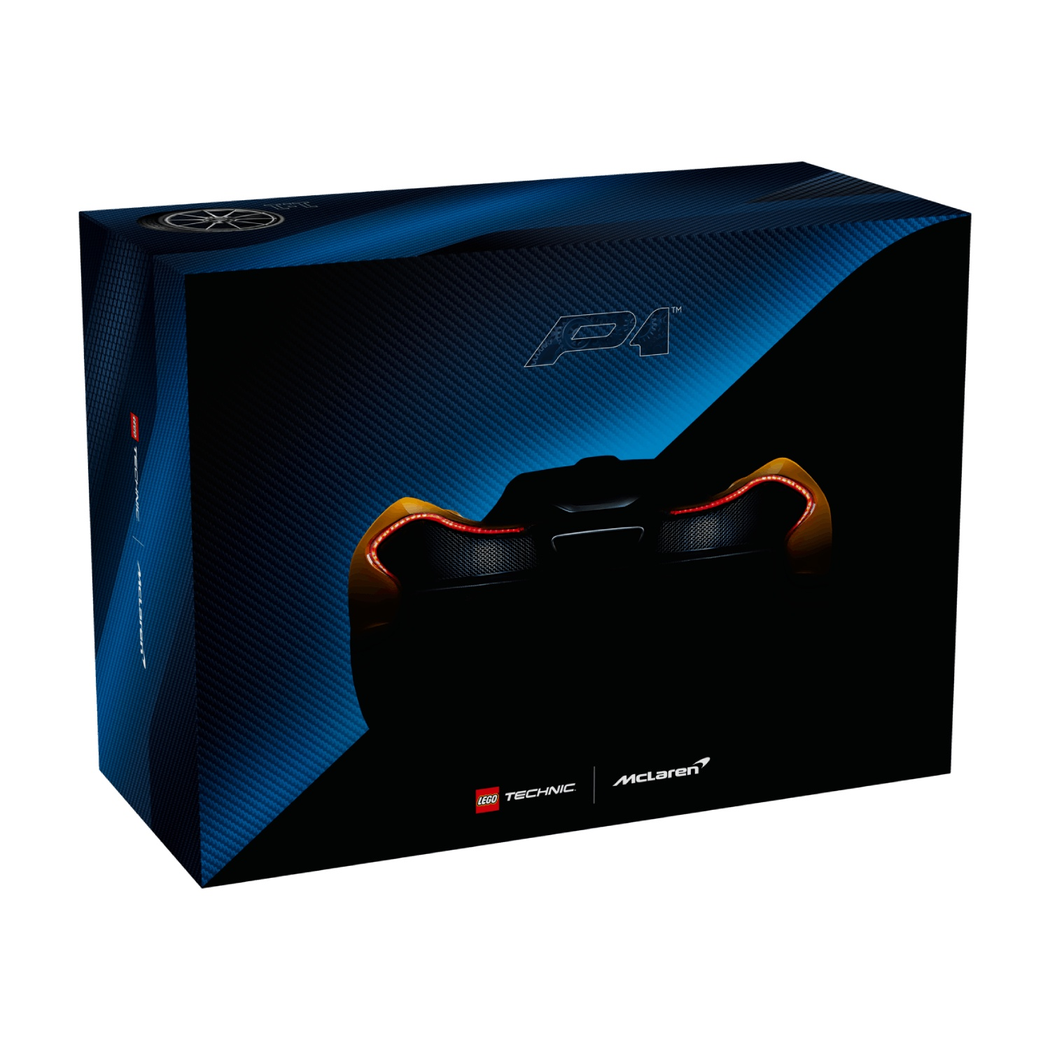 Een Lego Technic McLaren P1 doos. De doos is blauw met een afbeelding van een auto. Het McLaren-logo en het Lego Technic-logo zijn zichtbaar.