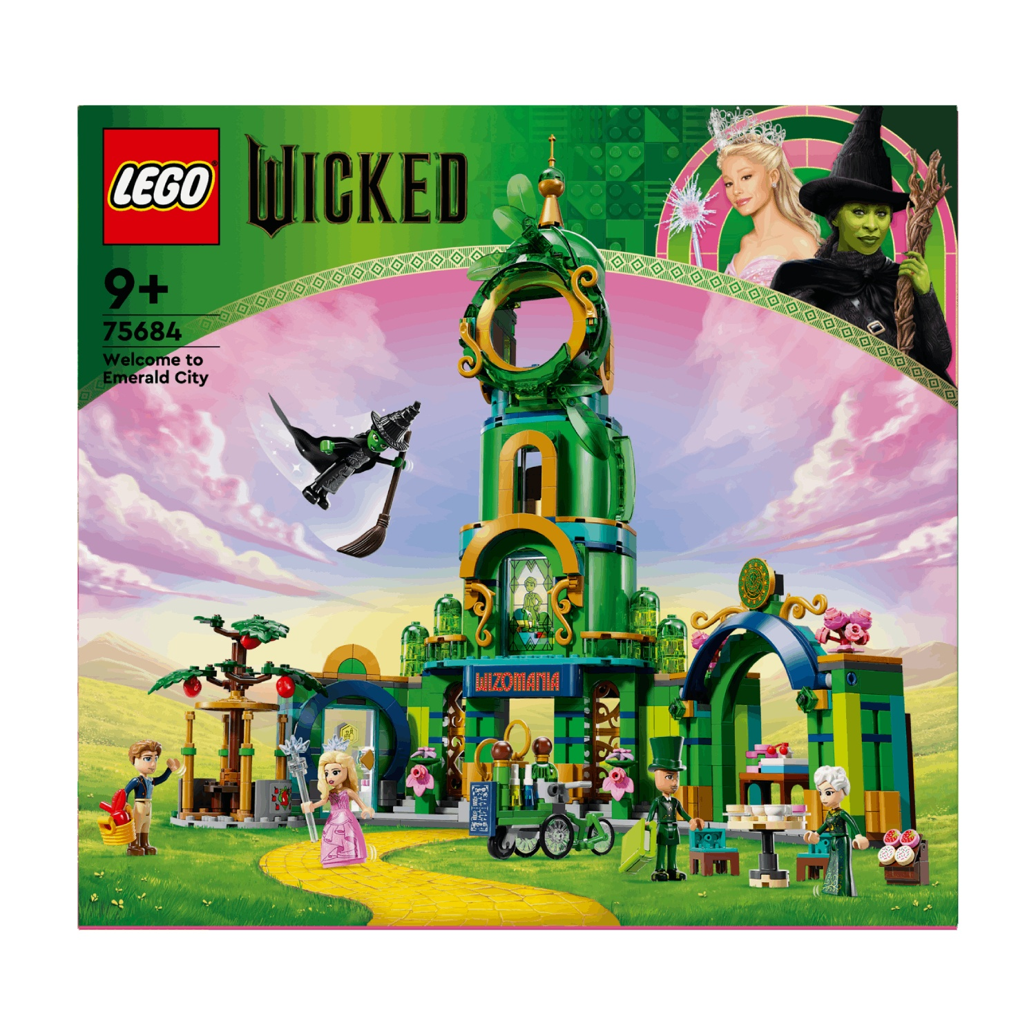 Lego Wicked set. Emerald City scene with figures of Glinda, Elphaba, and others. Building and landscape in green and yellow.