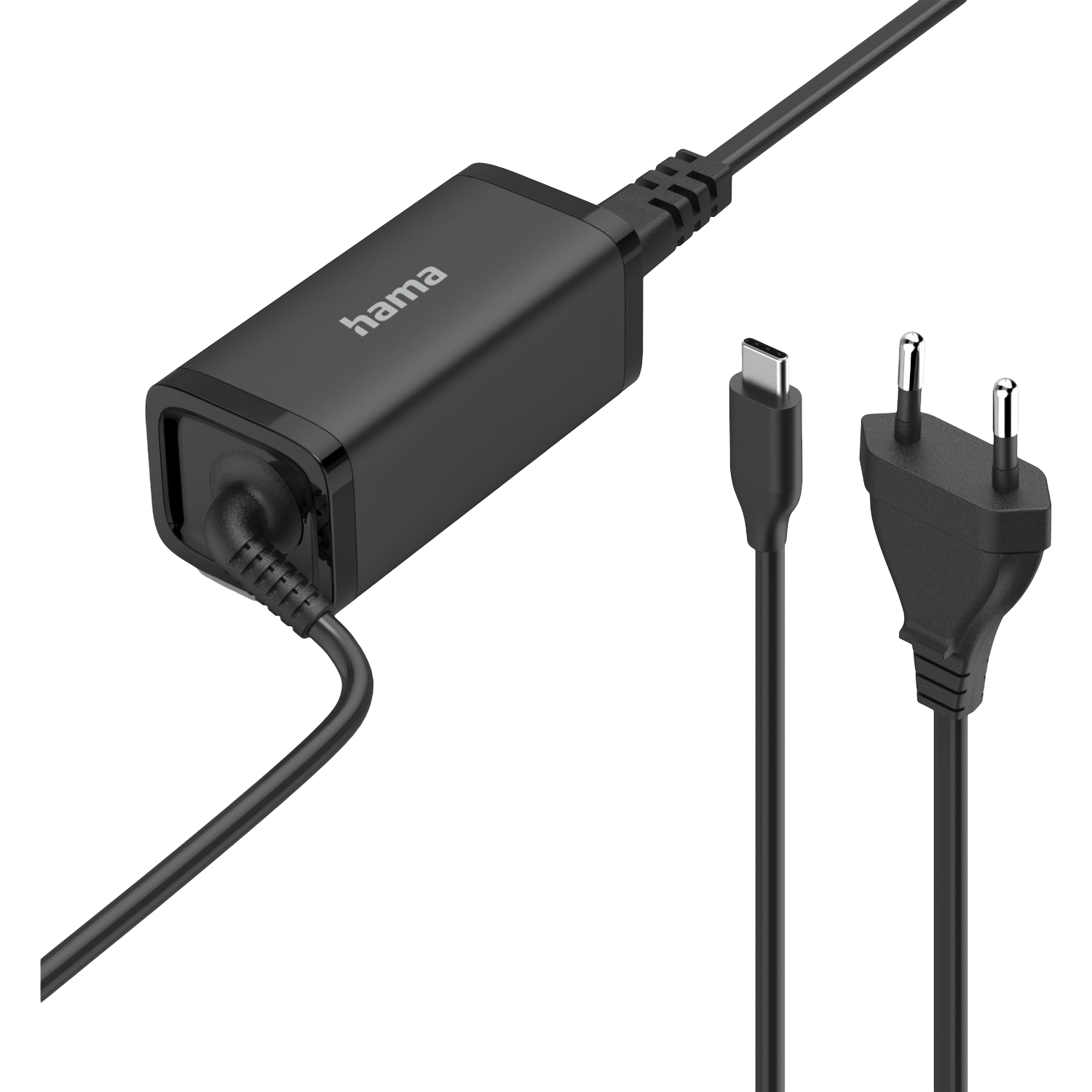 Adaptateur secteur noir Hama avec câble USB-C et prise de courant sur fond blanc.