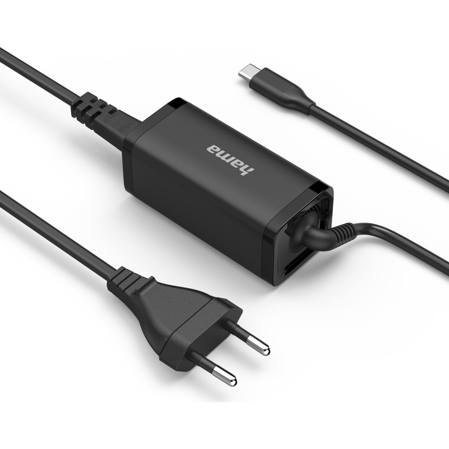 Chargeur Hama noir avec trois câbles : un USB-C, une prise d'alimentation et un connecté. Fond blanc.