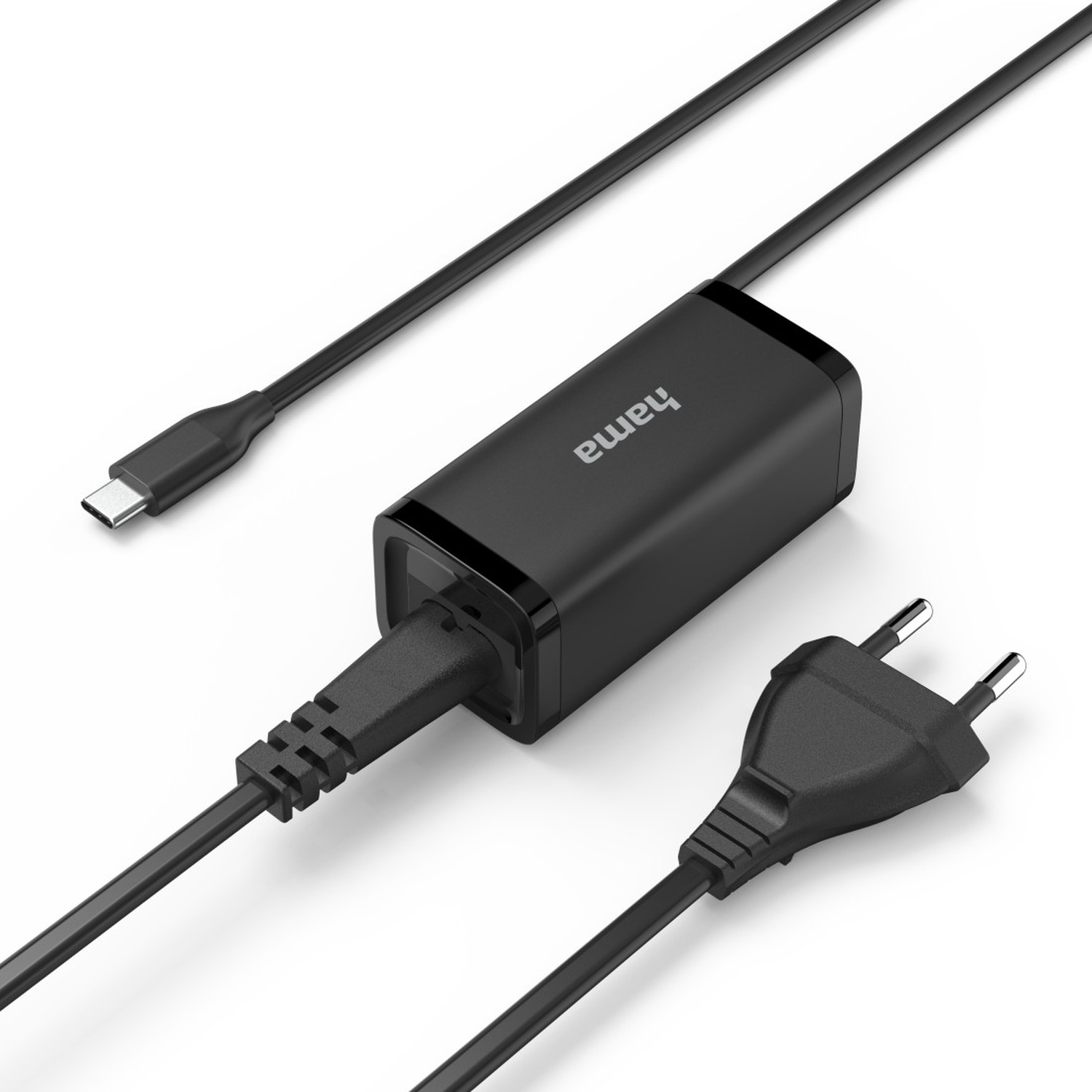 Chargeur Hama noir avec USB-C et prise secteur. Câbles partant du chargeur sur fond blanc.