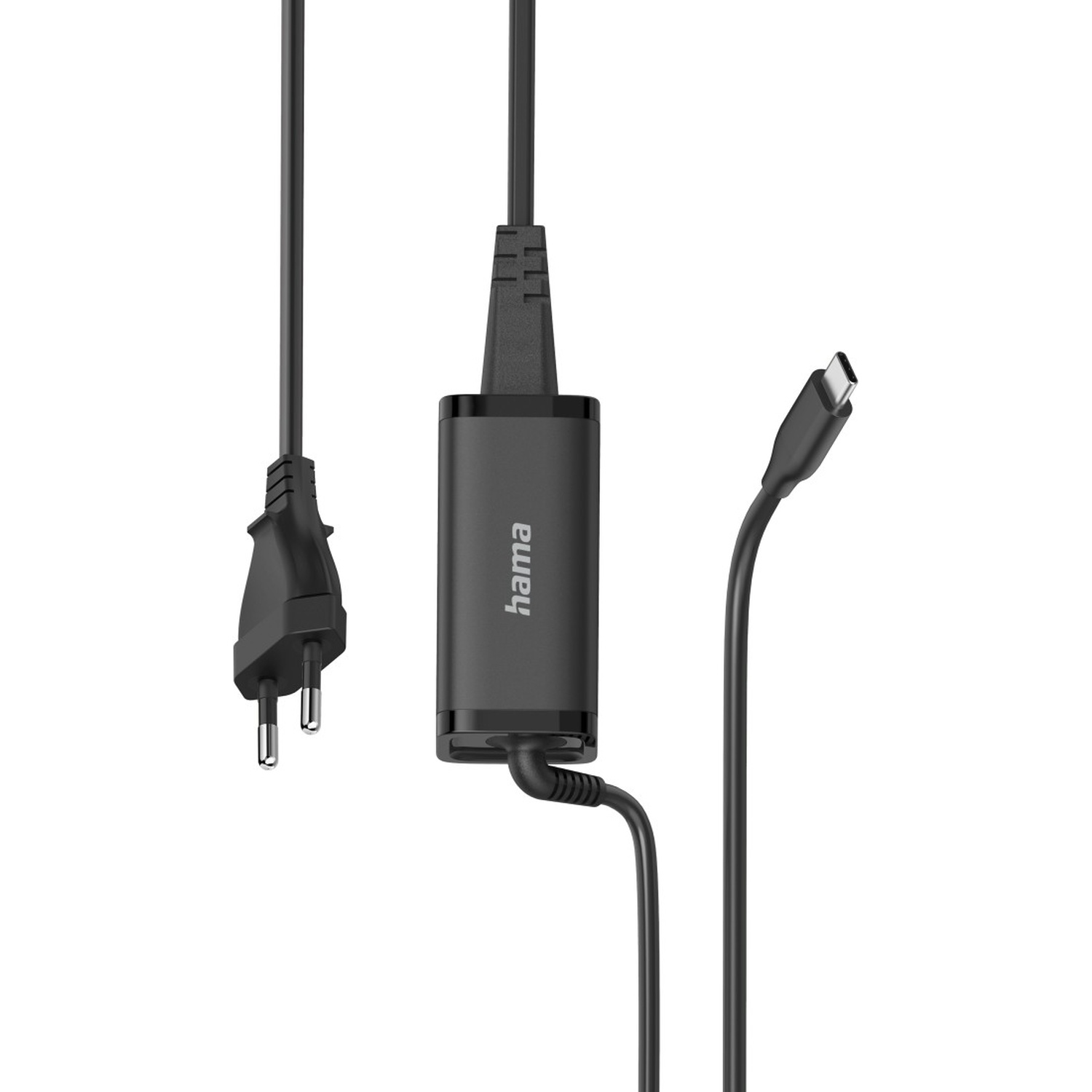 Chargeur Hama noir avec trois câbles : prise secteur, câble USB-C et bloc d'alimentation, sur fond blanc.