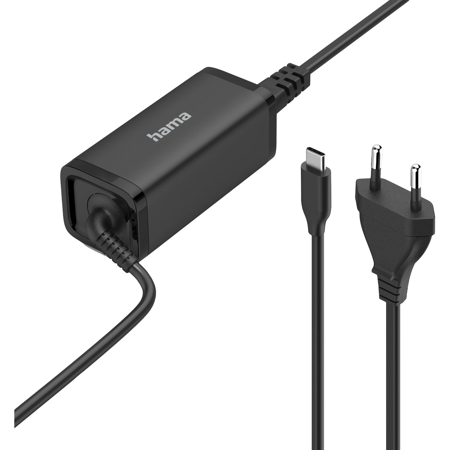 Zwarte Hama adapter met USB-C kabel en tweepins stekker op witte achtergrond.