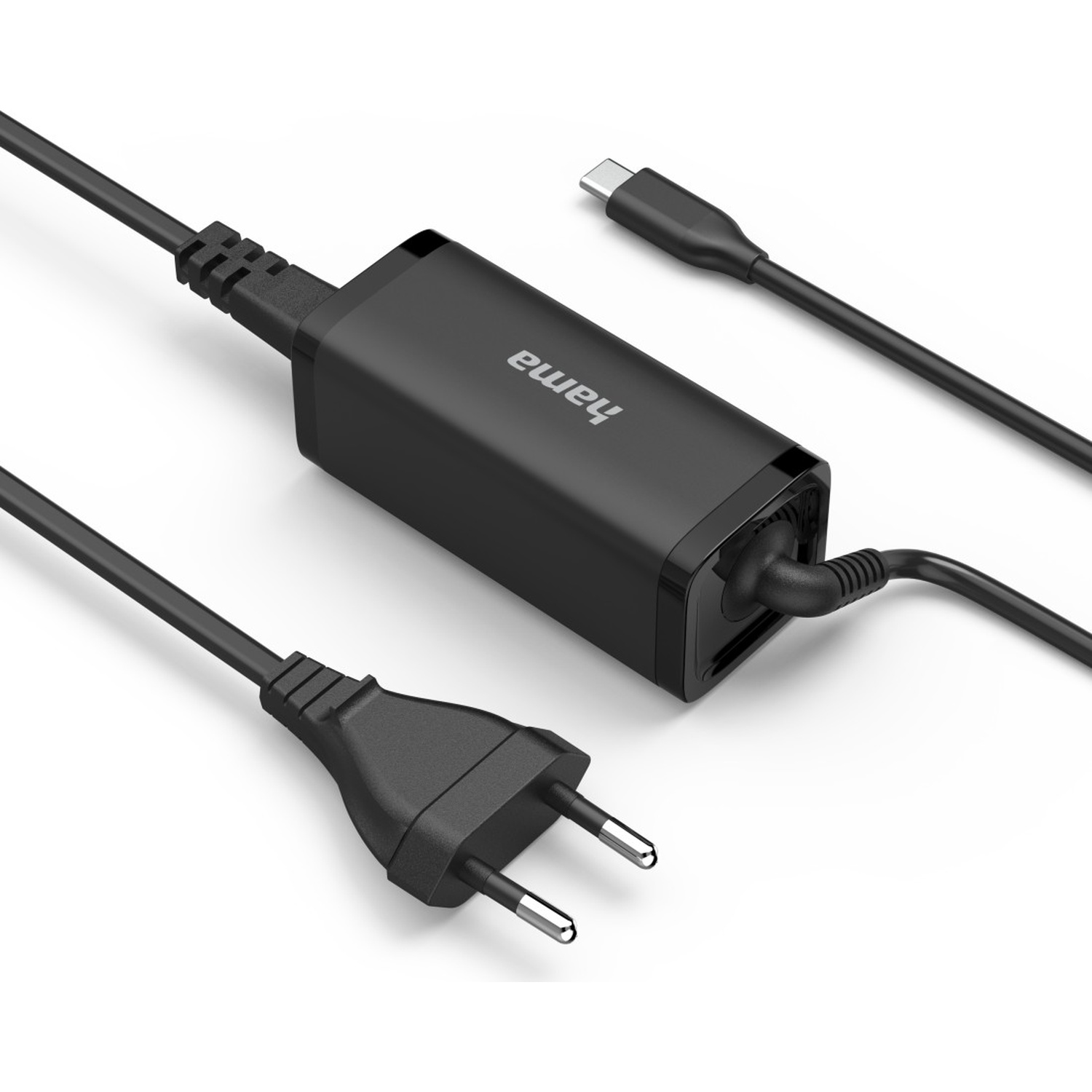 Zwarte Hama-oplader met drie kabels: stekker, USB-C en aangesloten kabel. Witte achtergrond, schuine weergave. Hama-logo.