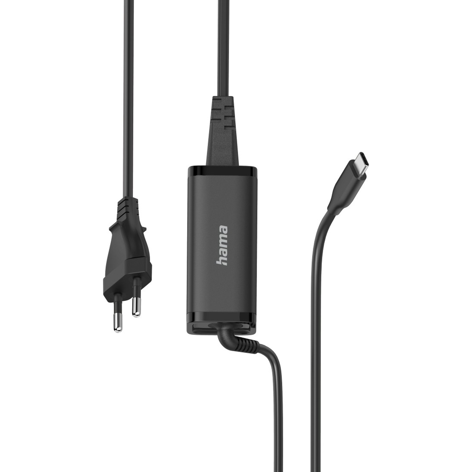 Zwarte Hama-oplader met drie kabels: stekker, USB-C en oplader. Witte achtergrond.
