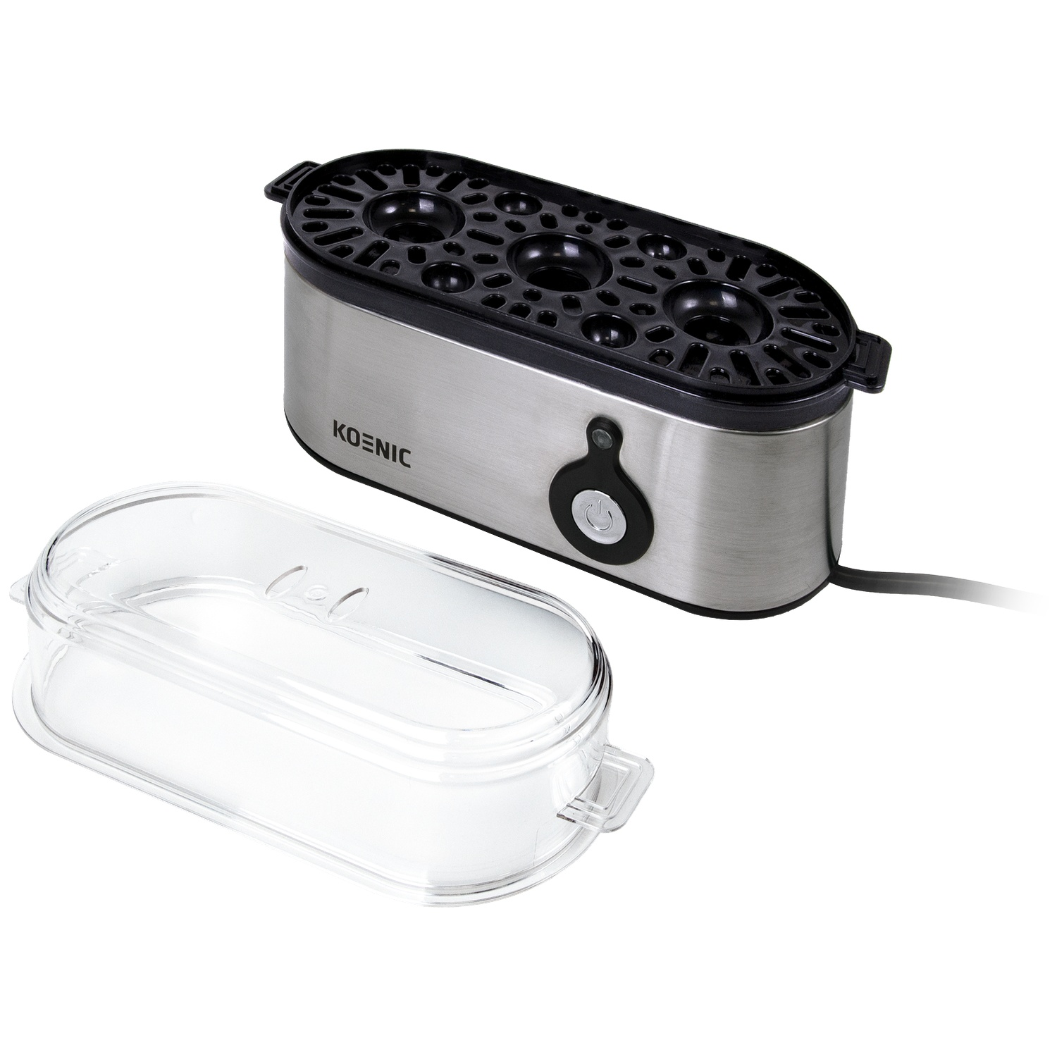 A stainless steel egg cooker with a black top and a transparent lid. The brand name 'KOENIC' is visible.