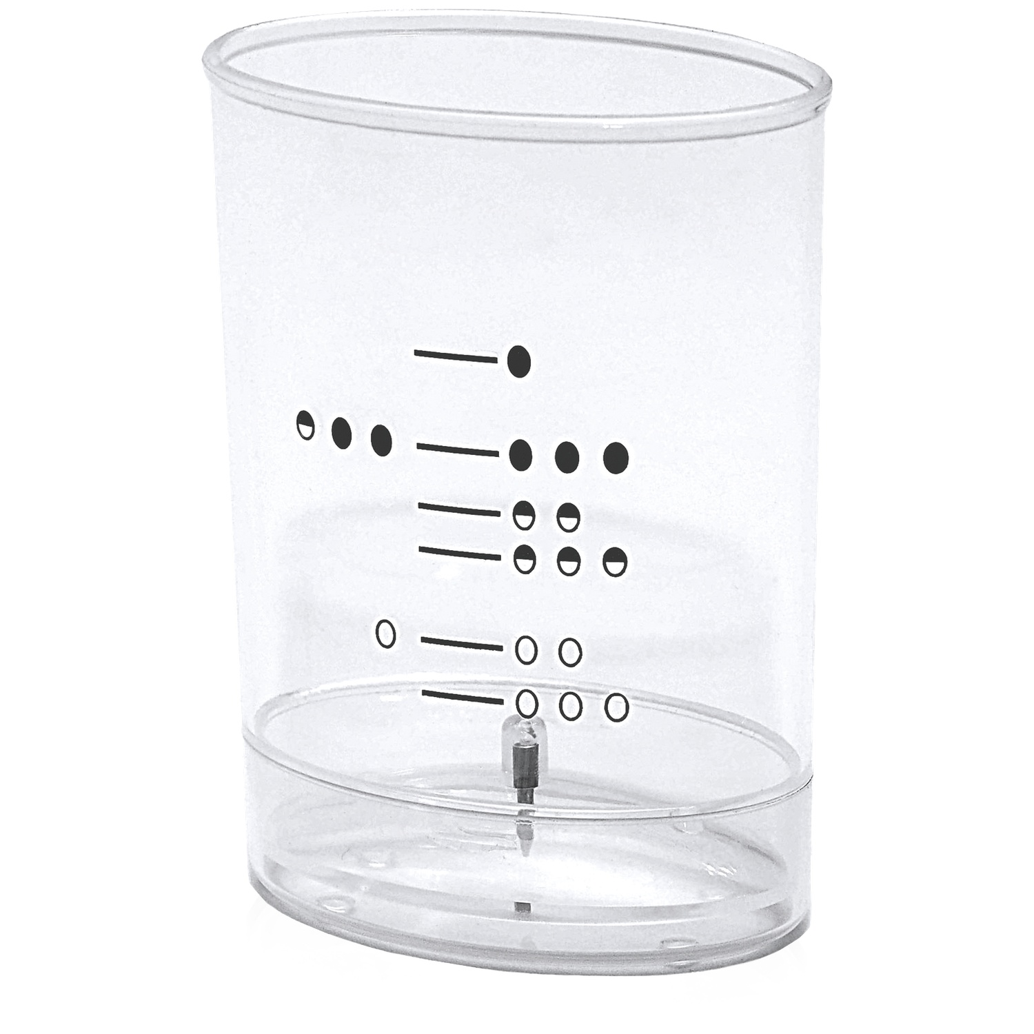 A clear plastic measuring cup. It has black markings and a small metallic piece at the bottom.