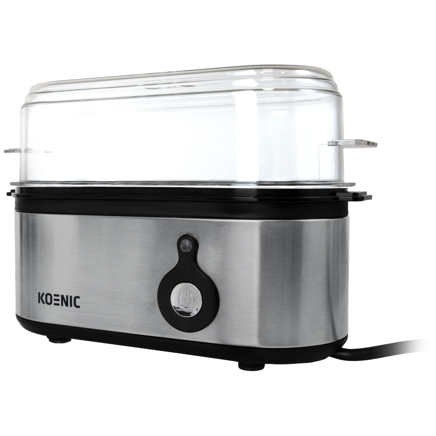 A Koenic food steamer with a clear lid, silver base, and black accents. Features a power button and a visible power cord.