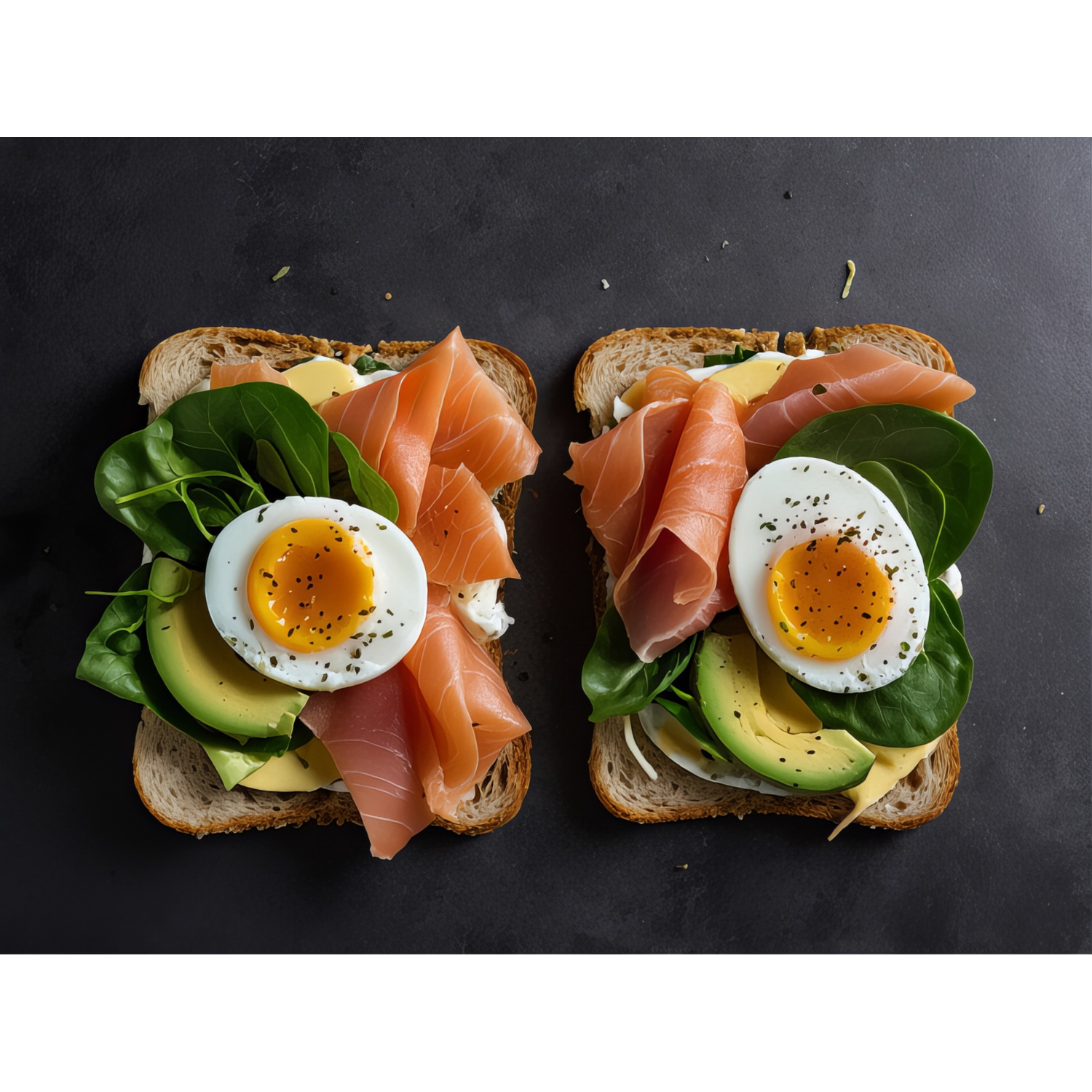 Two open-faced sandwiches with salmon, eggs, spinach, and avocado on a dark surface. The eggs are topped with black pepper.