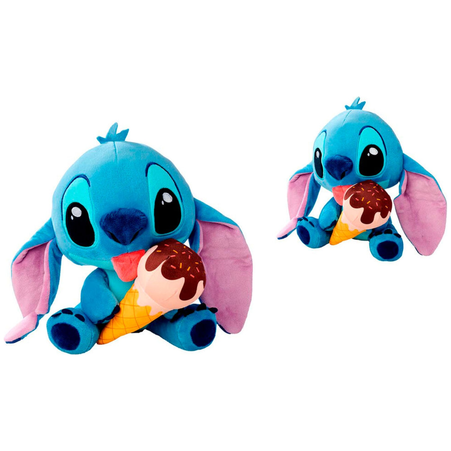 Two plush Stitch toys, blue with large ears, holding ice cream cones. One is larger, and the other is smaller. White background.