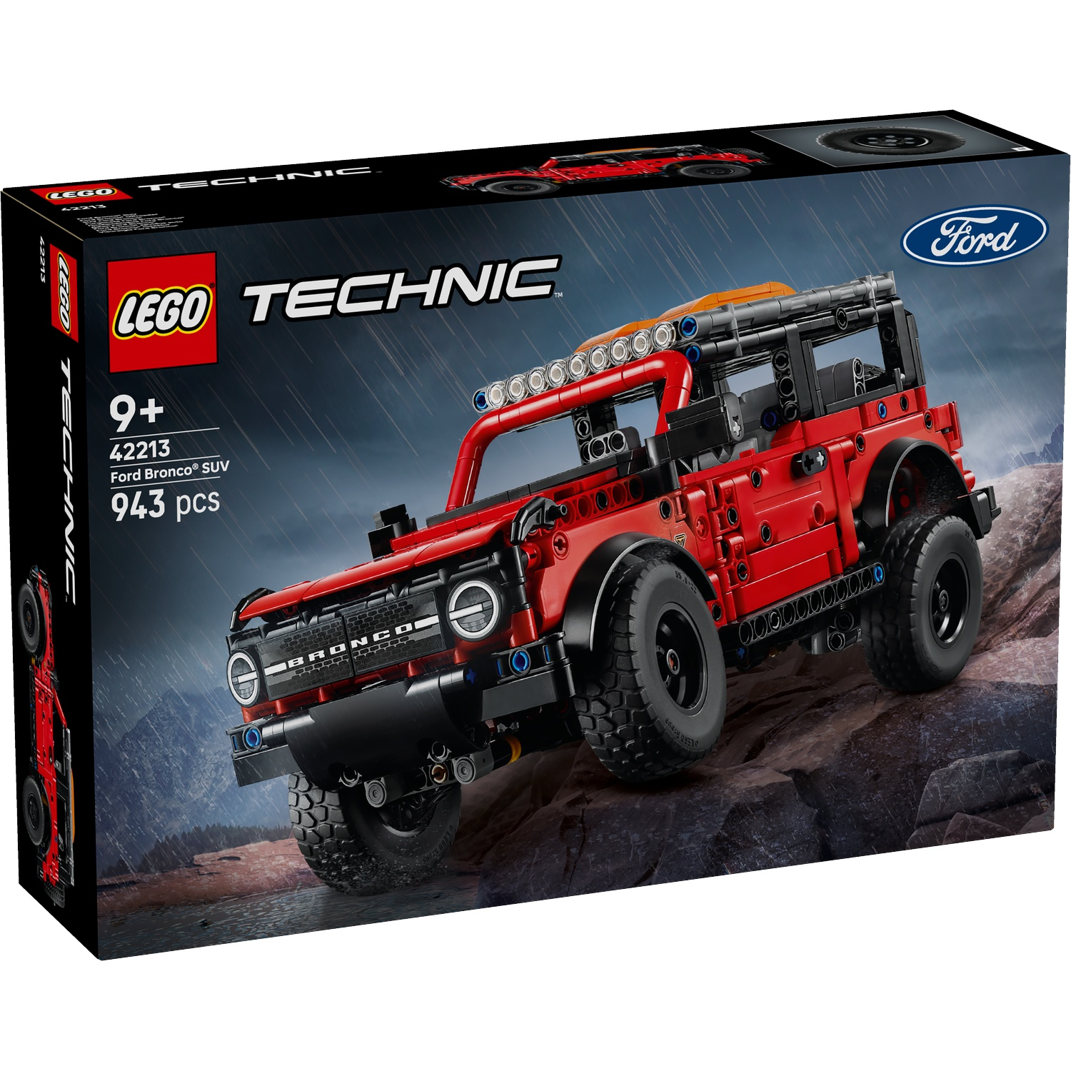A Lego Technic box shows a red Ford Bronco SUV model. The box features the Ford logo and details about the set.