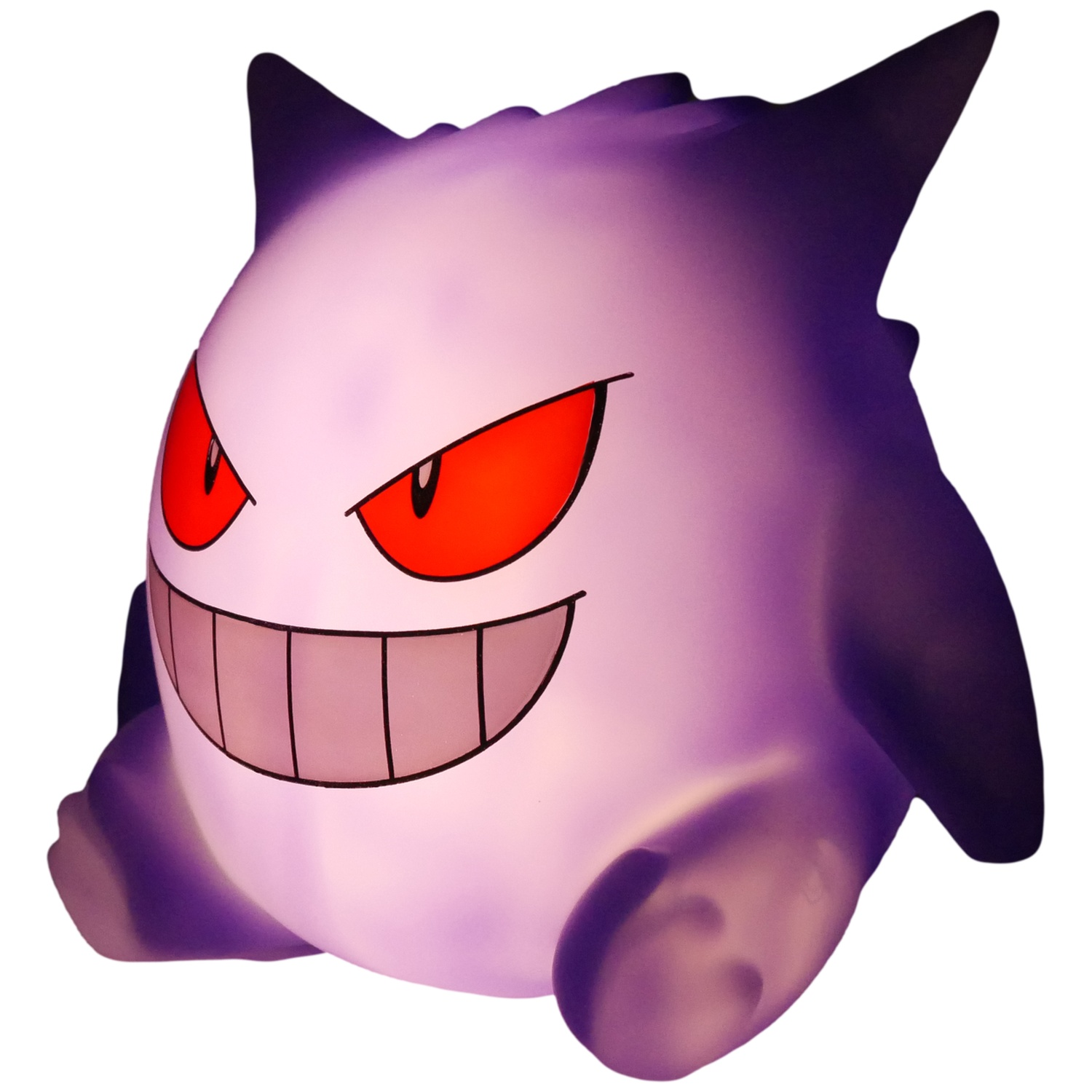 A purple Gengar figure with red eyes and a wide grin. It has spiky ears and is sitting. The background is white.