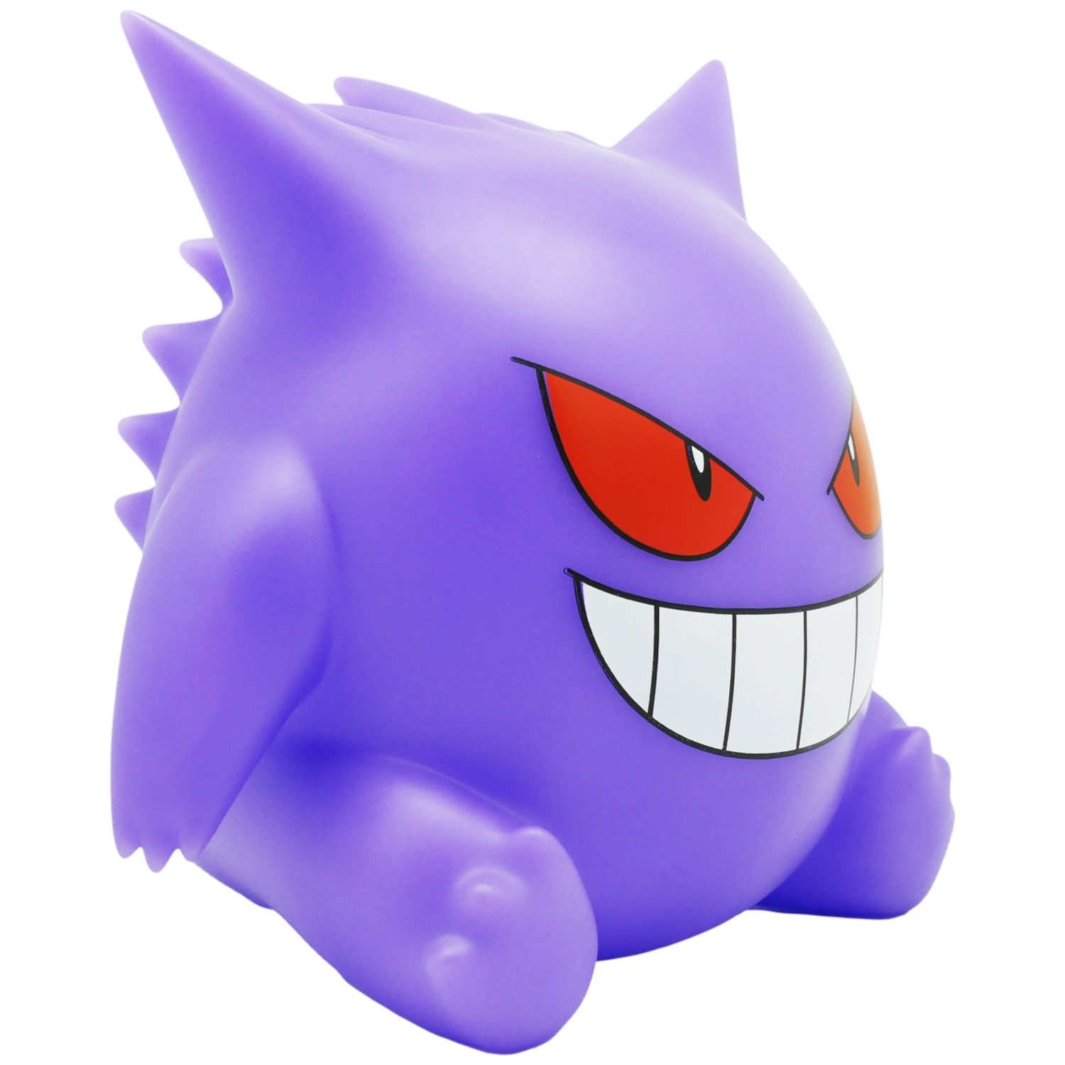 A purple Gengar figure with red eyes and a wide grin. It has spiky features and is sitting on a white background.