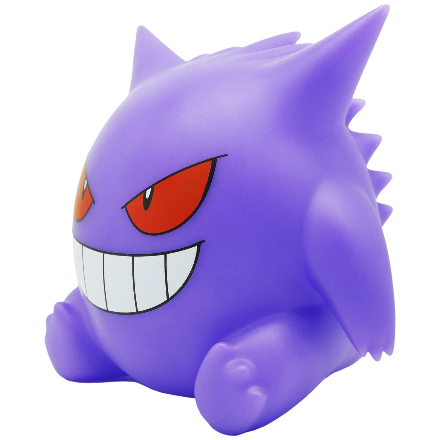 A purple Gengar toy with red eyes and a wide grin is on a white background. It has spiky features and a round shape.