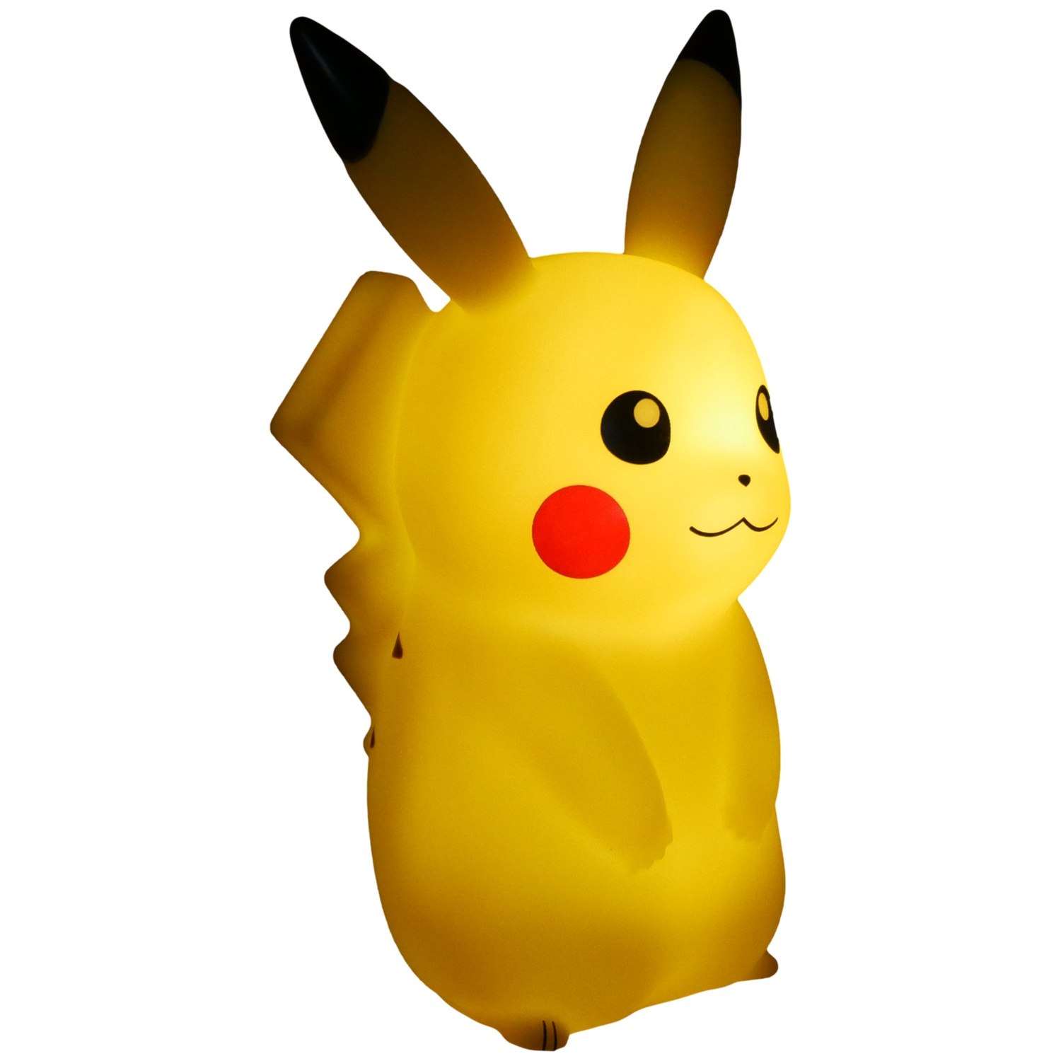 A Pikachu lamp. Yellow body, red cheeks, black-tipped ears, and a zig-zag tail. The lamp glows.