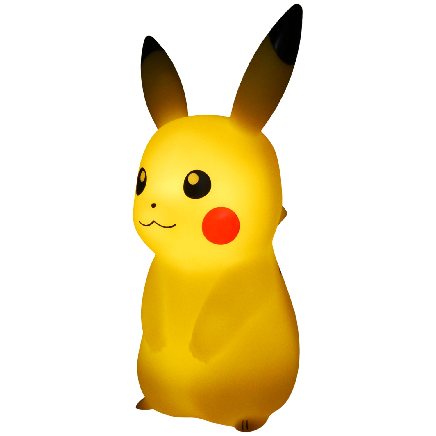 A yellow Pikachu lamp stands on a white background. It has black-tipped ears, black eyes, a red cheek, and a smiling mouth.