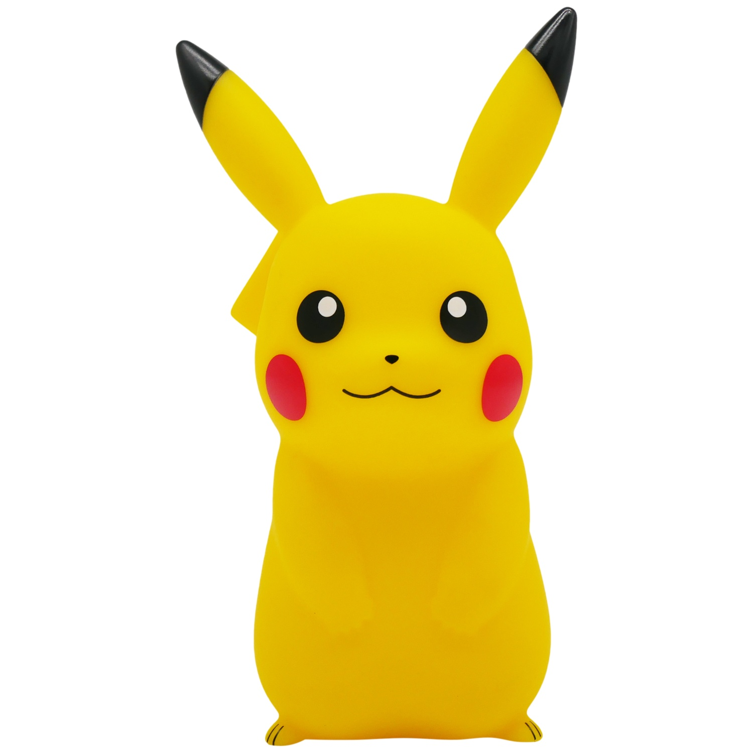A yellow Pikachu figure with black-tipped ears, red cheeks, black eyes, and a small smile, stands upright against a white background.
