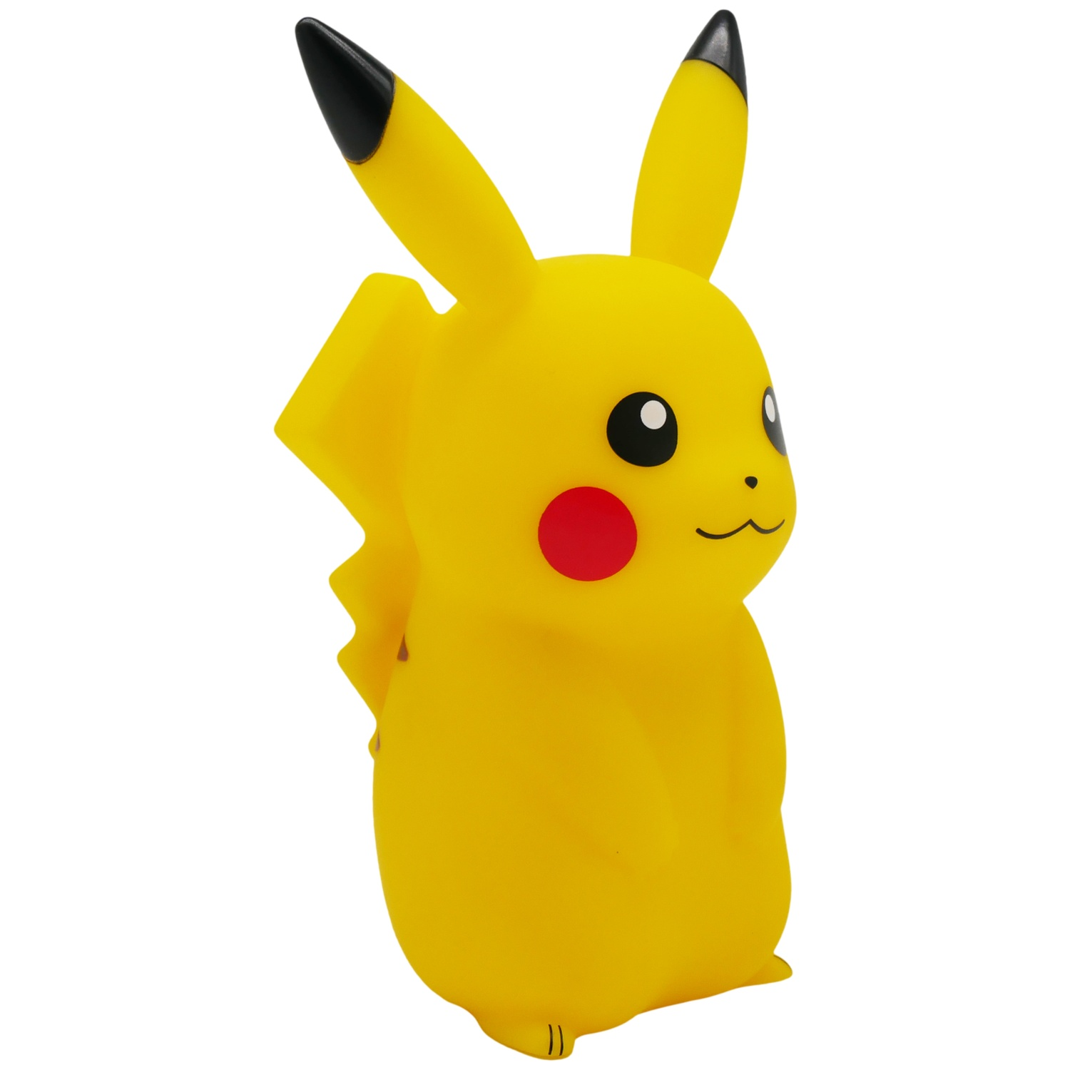 A yellow Pikachu figure with black-tipped ears, red cheeks, and a smiling face. It is standing on a white background.