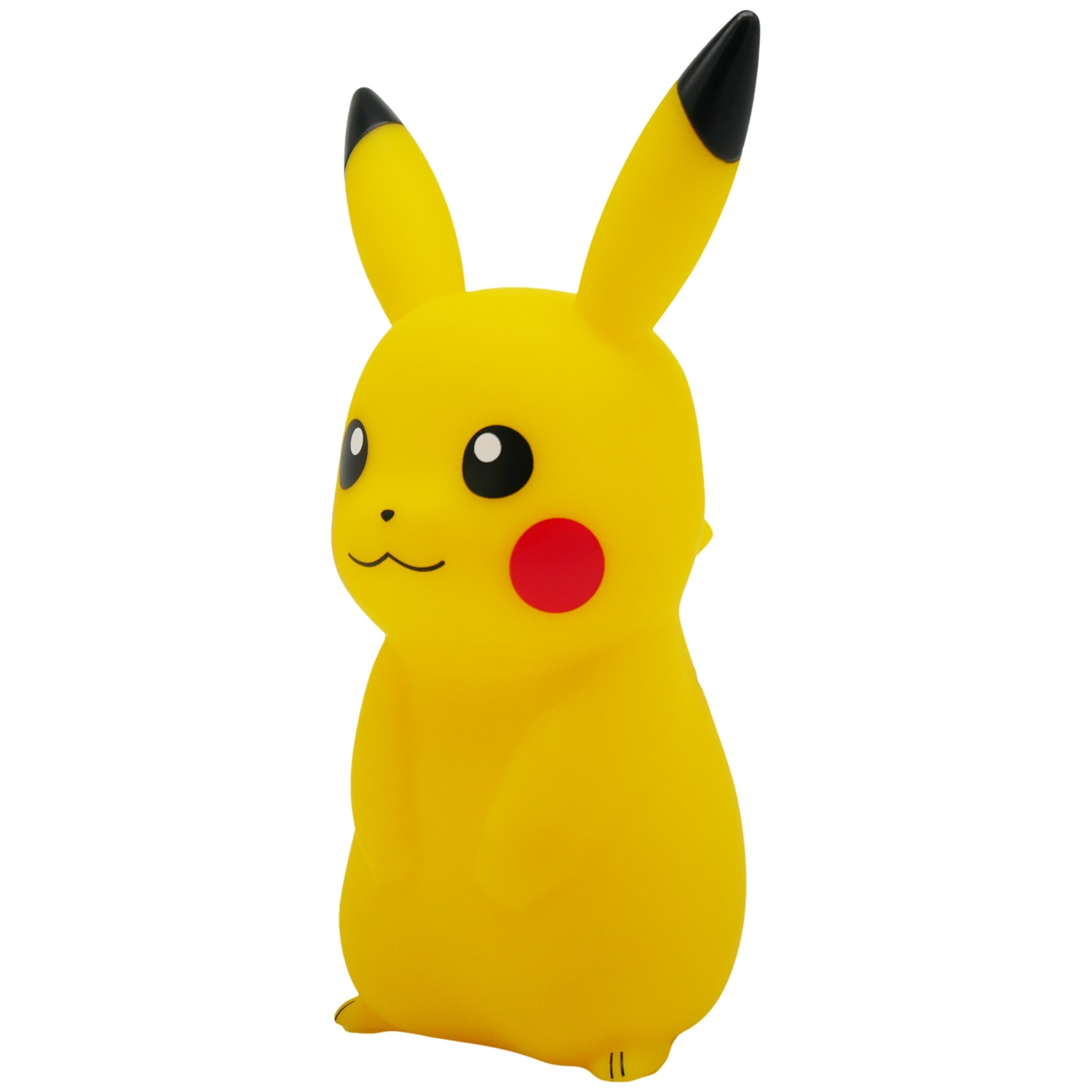 A yellow Pikachu figurine with black-tipped ears, red cheeks, and a black smile, standing on a white background.