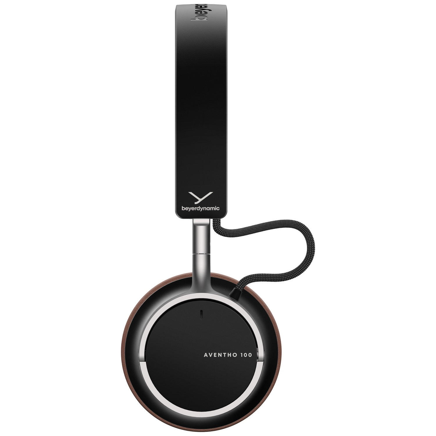Casque audio noir et marron, modèle Aventho 100. L'arceau et les oreillettes sont reliés par du métal argenté. Le câble est noir.