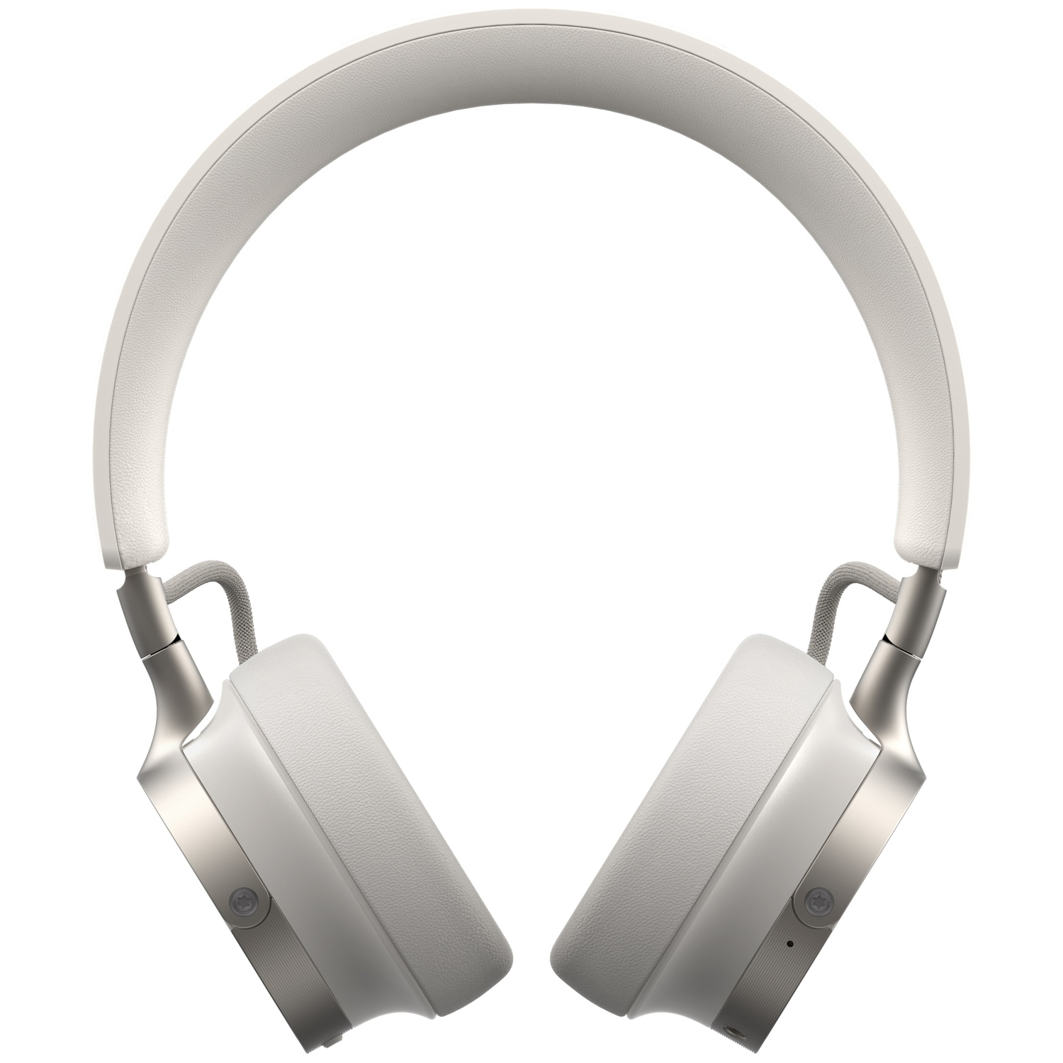 Casque blanc et argenté sur fond blanc. Le casque a un bandeau et des oreillettes rembourrés, avec des touches d'argent.