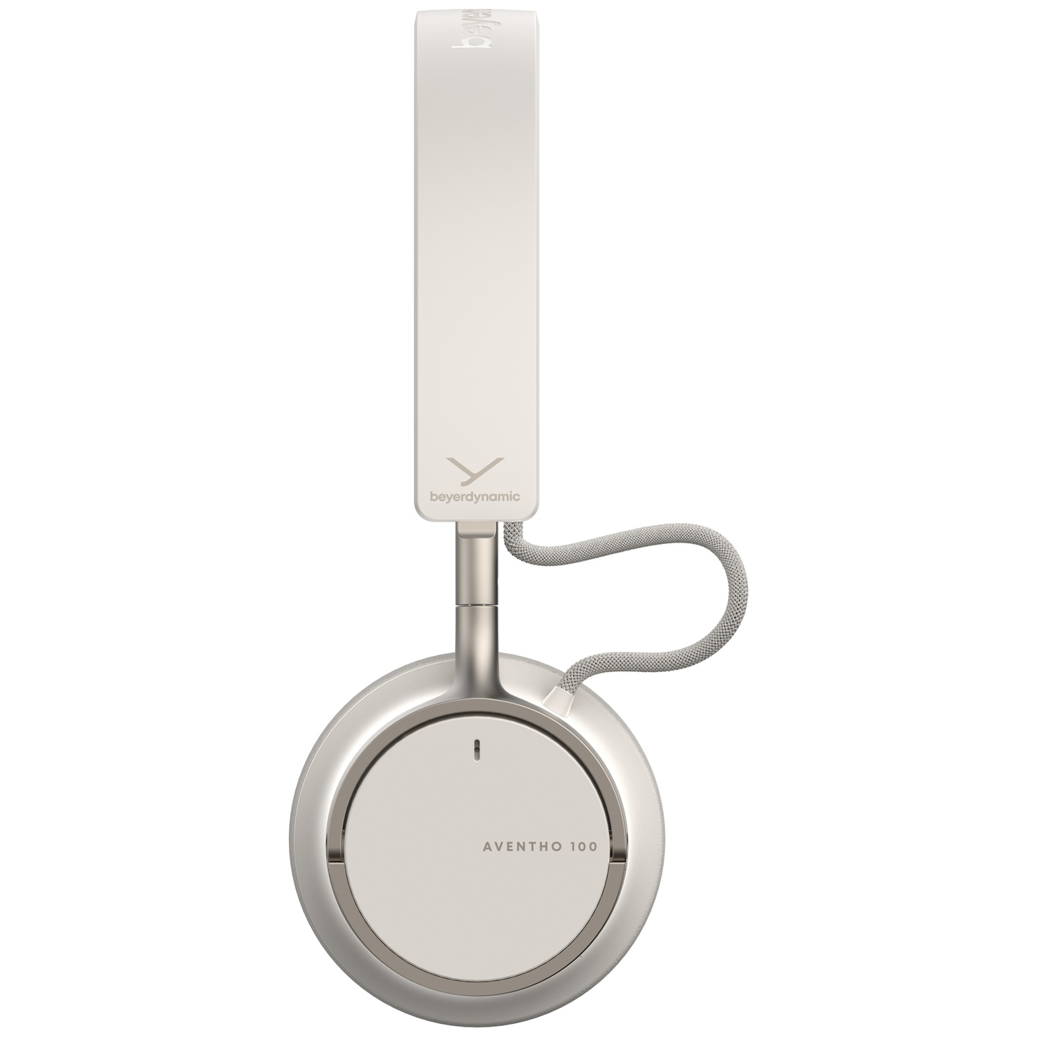 Casque audio crème avec des accents argentés. Le bandeau porte un logo et les écouteurs 'AVENTHO 100'. Un cordon gris les relie.