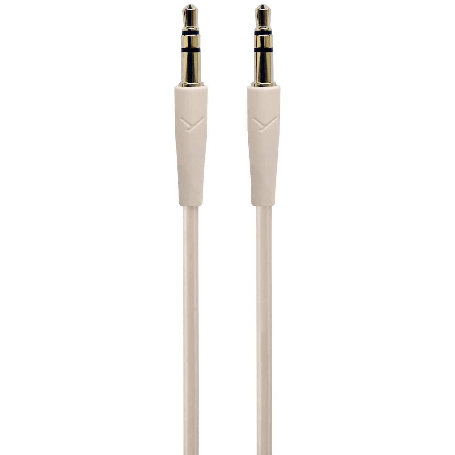 Deux câbles jack audio beiges, avec des embouts dorés, sont affichés sur fond blanc.