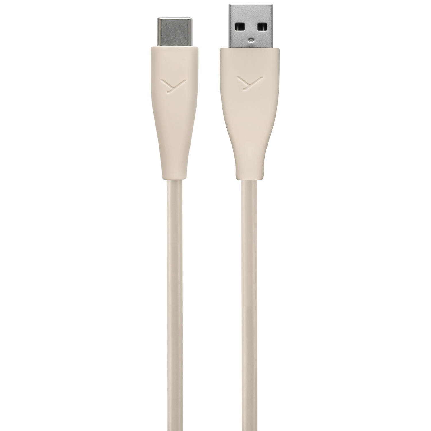 Deux câbles USB beiges, un Type-C et un USB-A, sont placés verticalement sur un fond blanc.