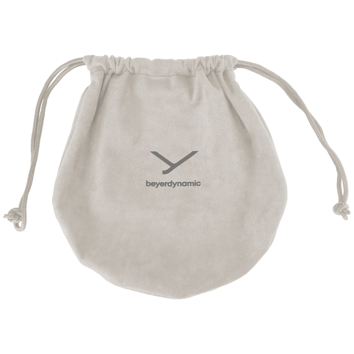 Un sac beige à cordon de serrage avec le logo Beyerdynamic. Le sac est fermé par deux cordons. Le fond est blanc.