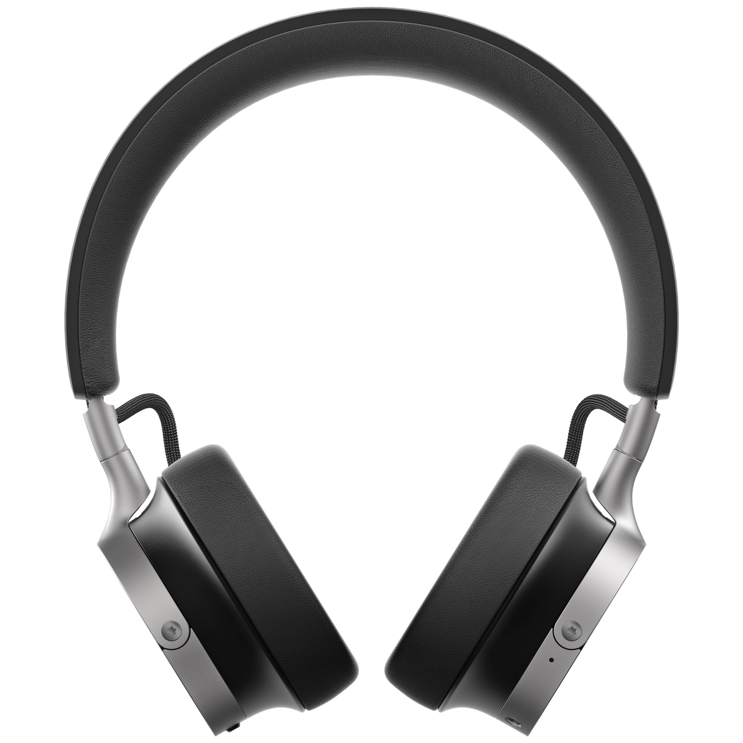 Casque audio circum-auriculaire sur fond blanc. Écouteurs noirs, cadre argenté et bandeau noir. Plan rapproché détaillé.