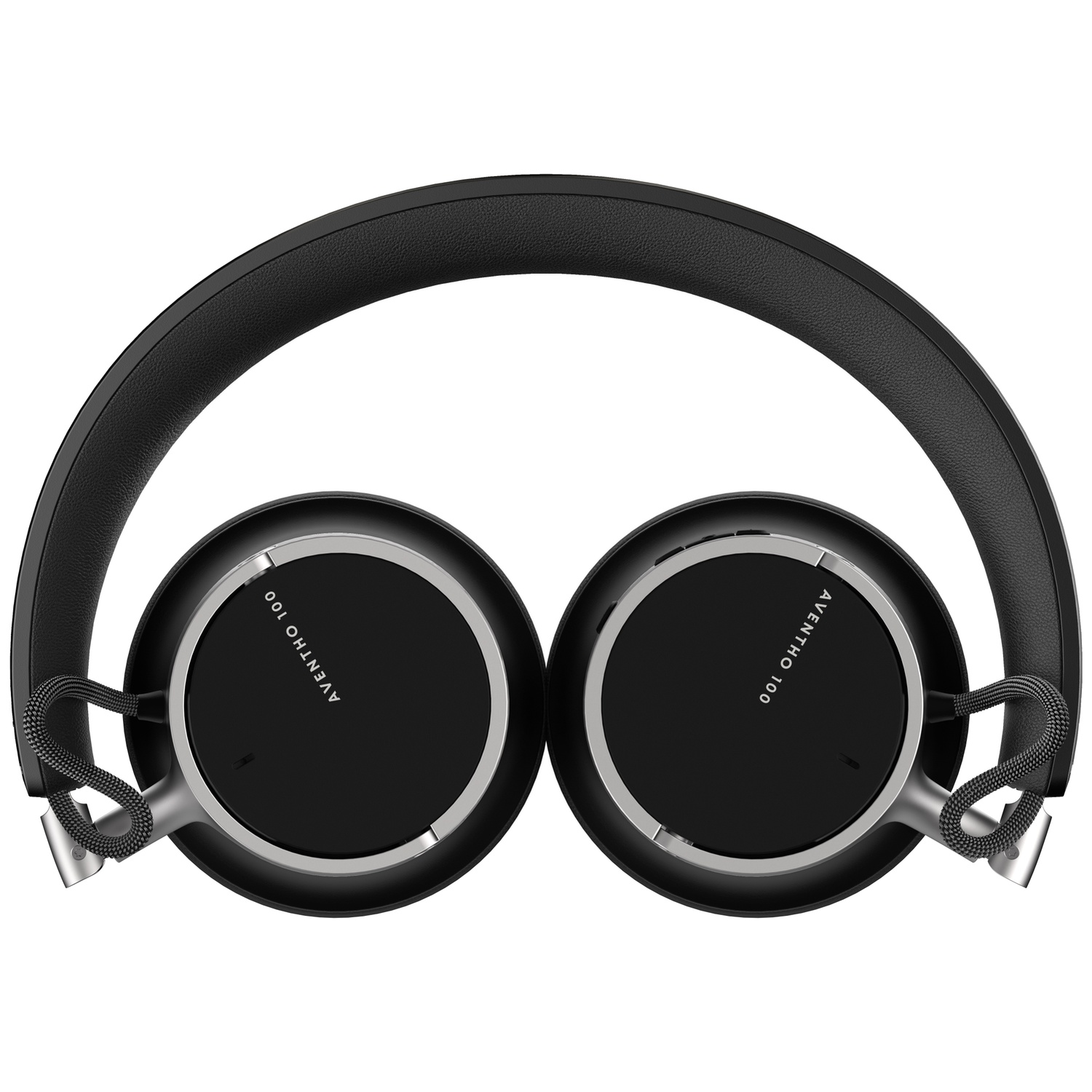 Casque noir avec des accents argentés et des câbles tressés gris. Le texte 'AVENTHO 100' est visible sur les écouteurs.