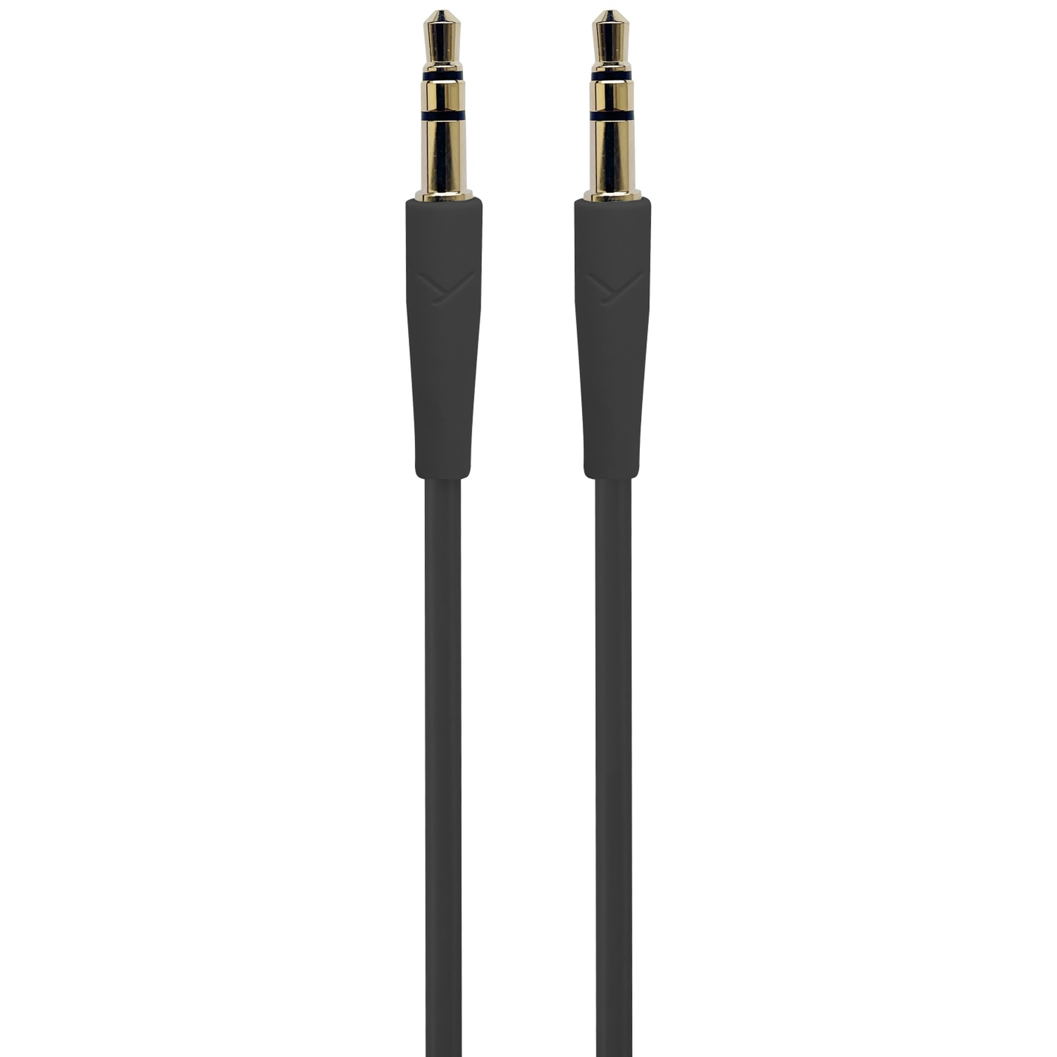 Deux câbles jack audio noirs avec embouts dorés sont alignés verticalement sur fond blanc.
