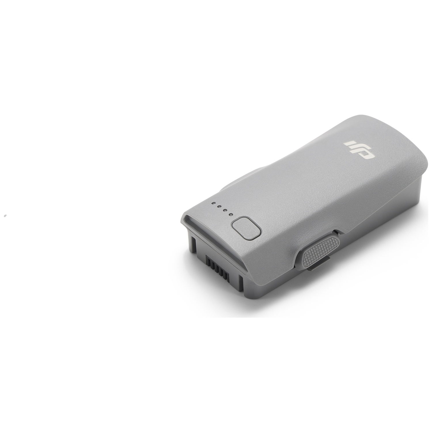 A gray DJI drone battery. It has a power button, four indicator lights, and a textured slider. The background is white.