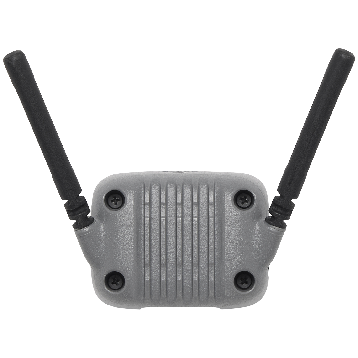 Un appareil gris avec deux antennes noires s'étendant vers l'extérieur. L'appareil a une surface striée et quatre vis.