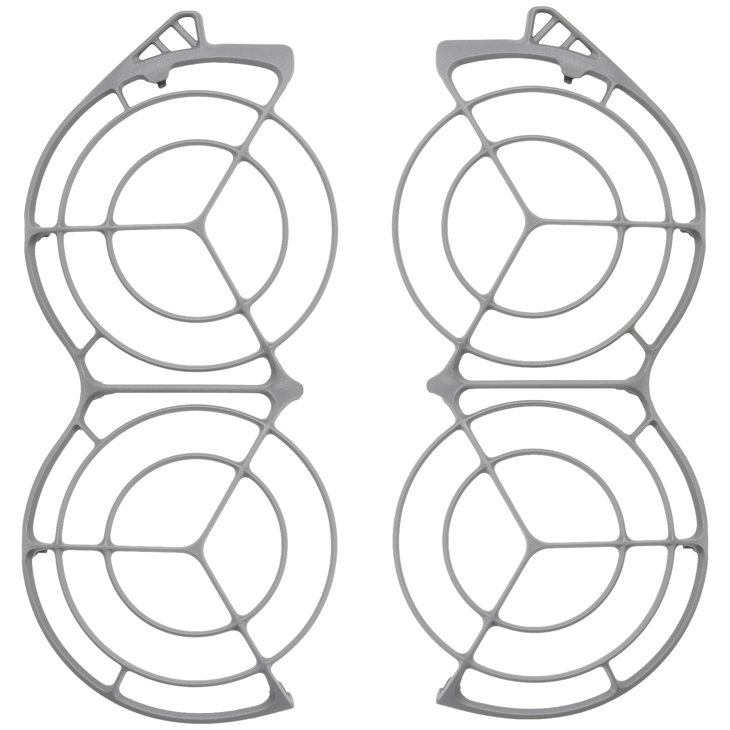 Deux cadres en plastique gris et incurvés. Chacun a deux sections circulaires reliées avec des supports internes et une section supérieure en forme de poignée.