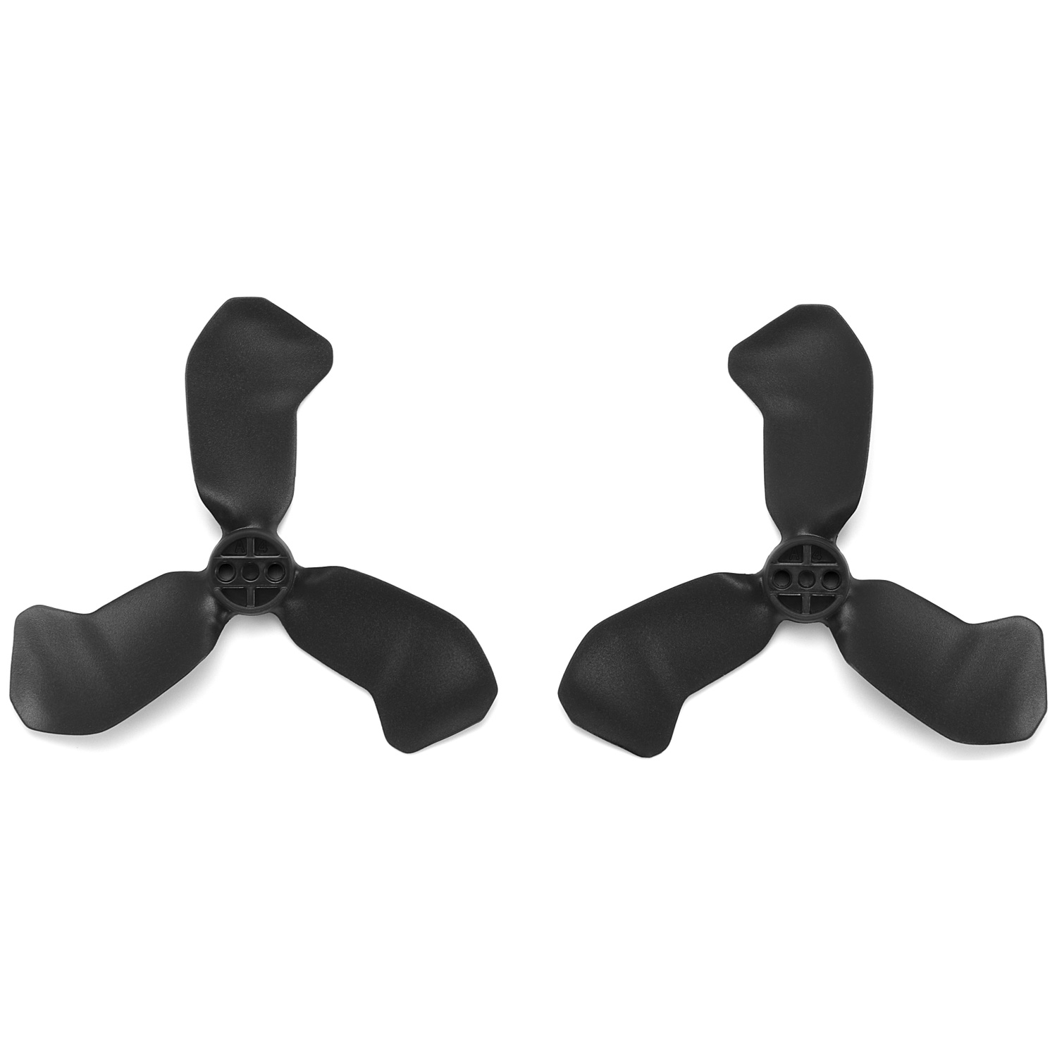 Deux hélices de drone noires sur fond blanc. Chacune a trois pales et un moyeu central.