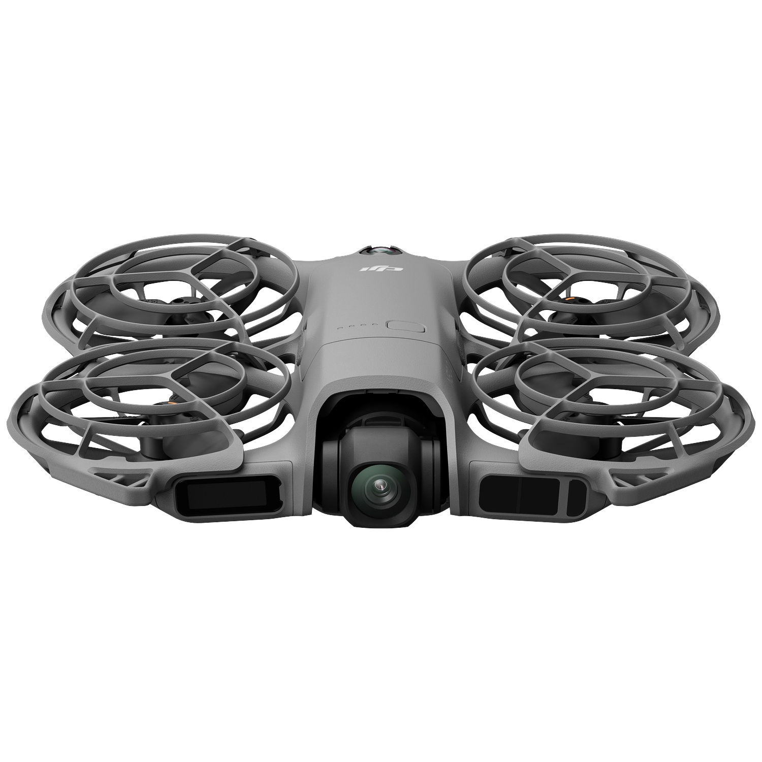 A gray drone with four propellers, a camera, and protective cages around the propellers is shown against a white background.