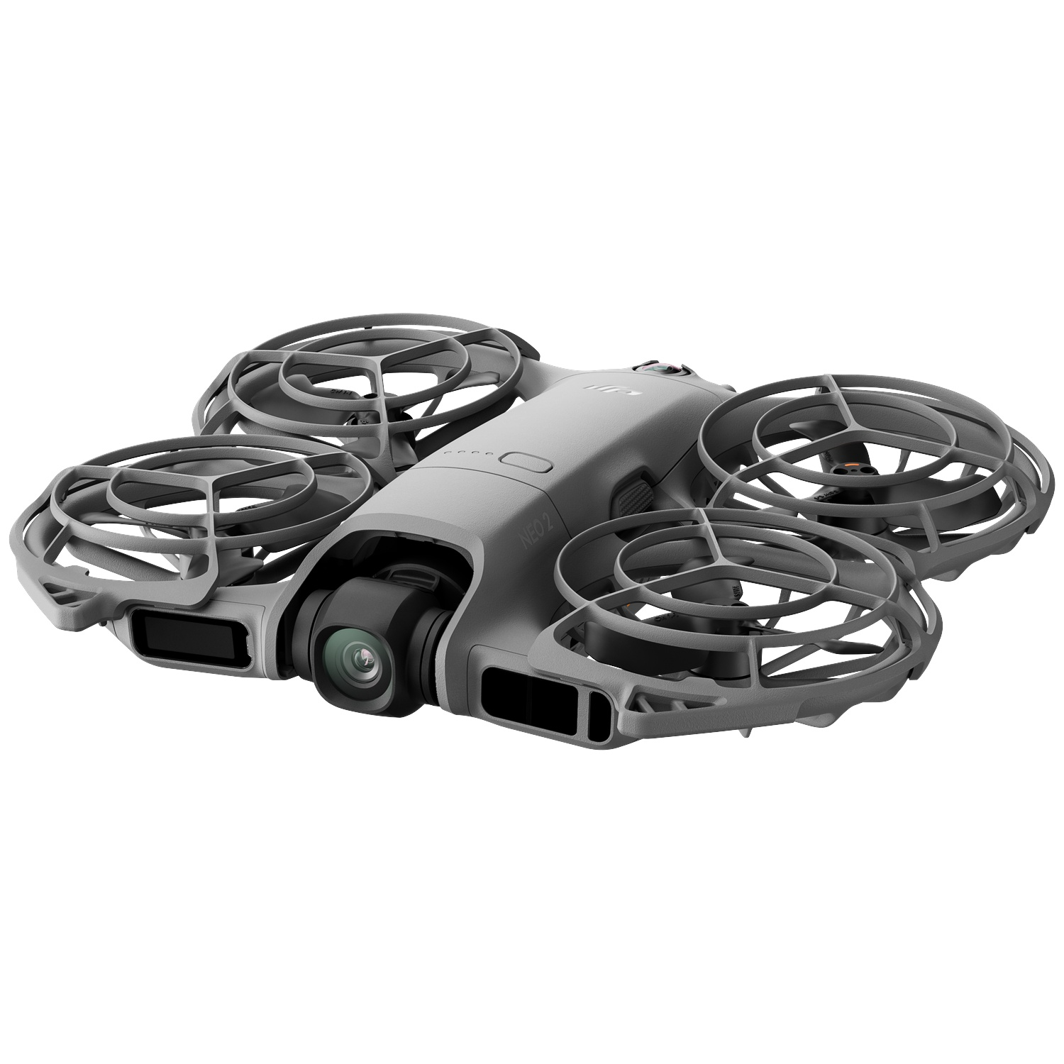A gray drone with four propellers is displayed on a white background. The drone has a camera and a sleek design.