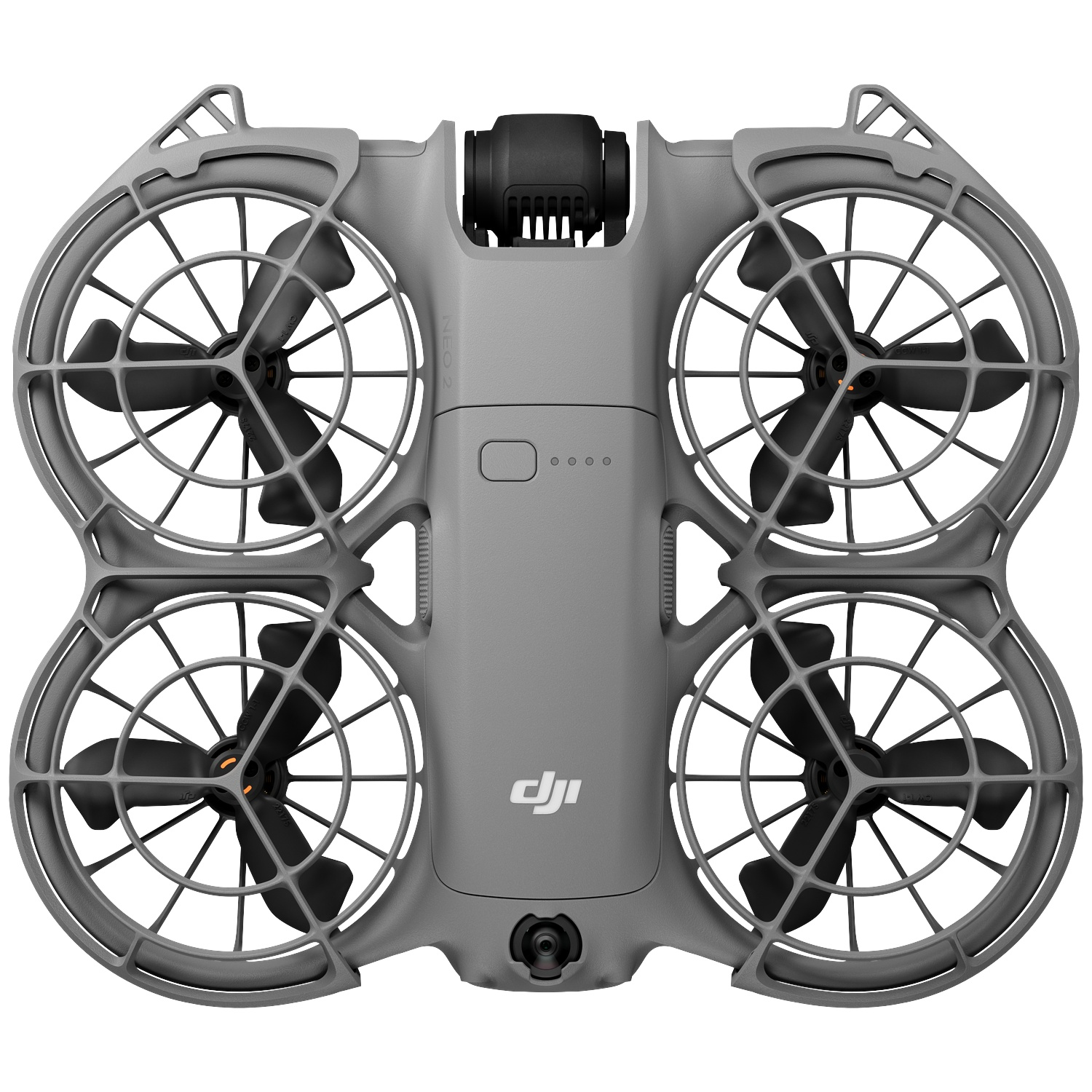 A gray drone with four propellers, each protected by a gray cage. The drone has a central body with a camera and DJI logo.