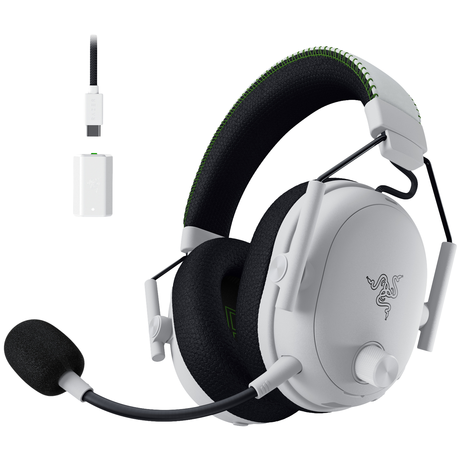 Casque de jeu blanc avec coussinets noirs et micro. Inclut un câble de charge et un récepteur. Logo Razer visible.
