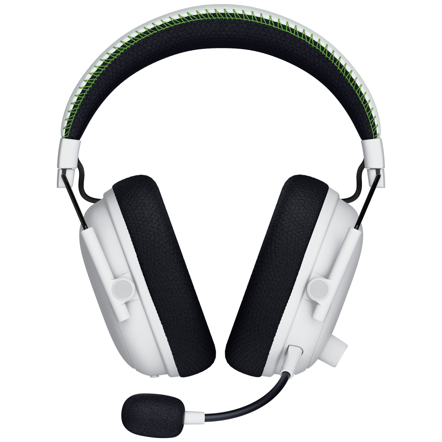 Casque blanc avec oreillettes et bandeau noirs. Coutures vertes sur le bandeau. Un microphone noir s'étend de l'écouteur gauche.