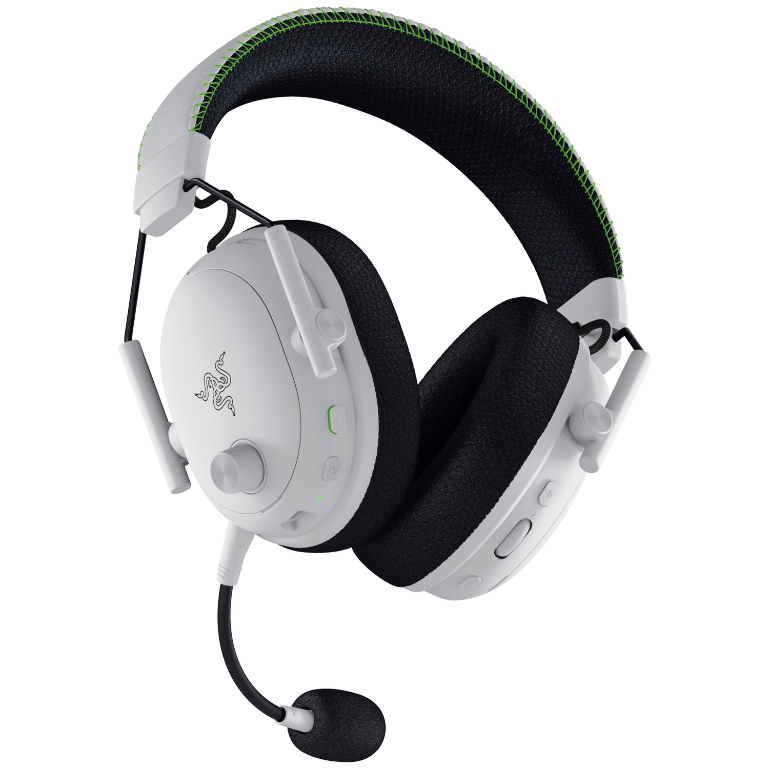 Casque de jeu blanc avec oreillettes noires, bandeau cousu vert et microphone noir.