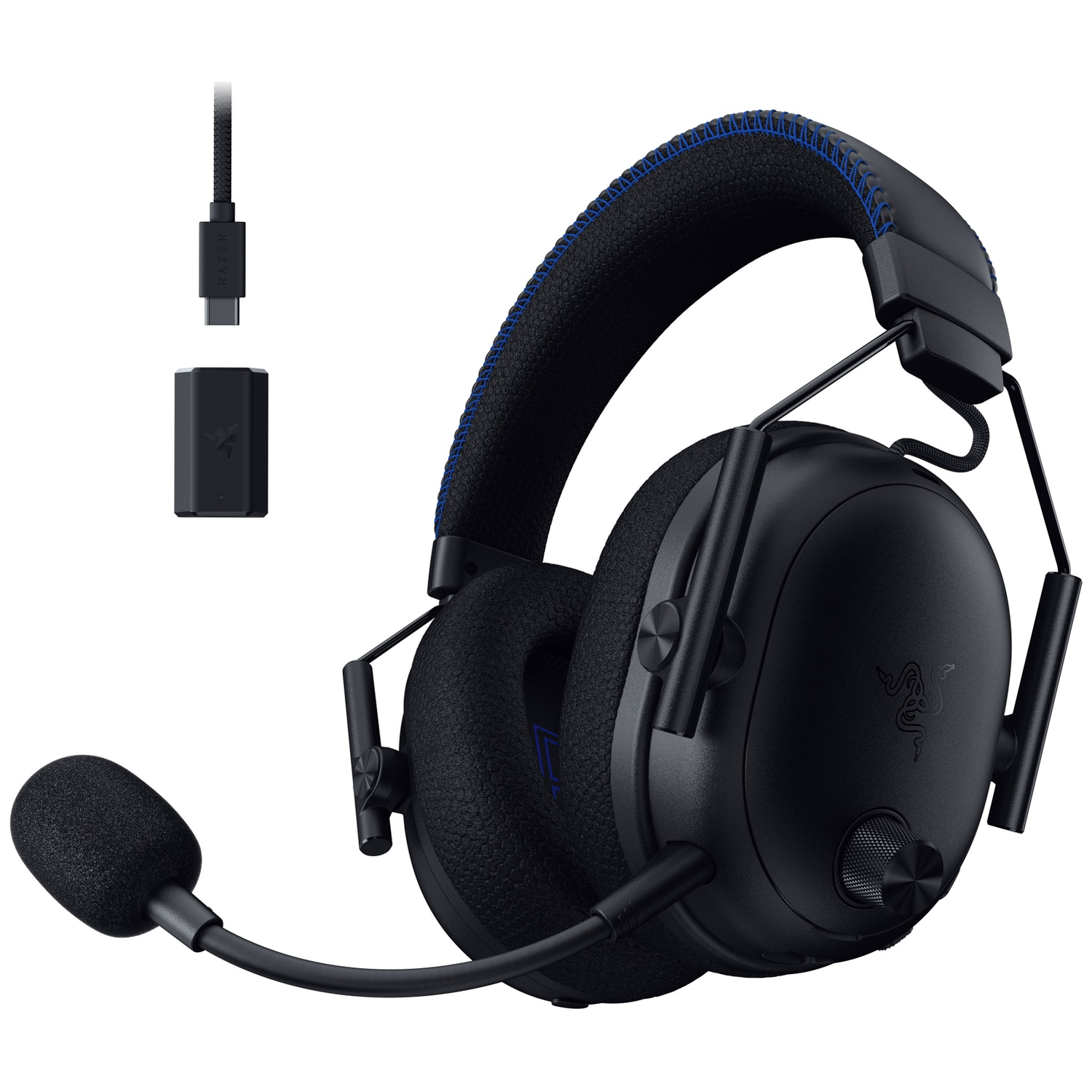 Black Razer gaming headset with a detachable microphone, charging cable, and a small black adapter.