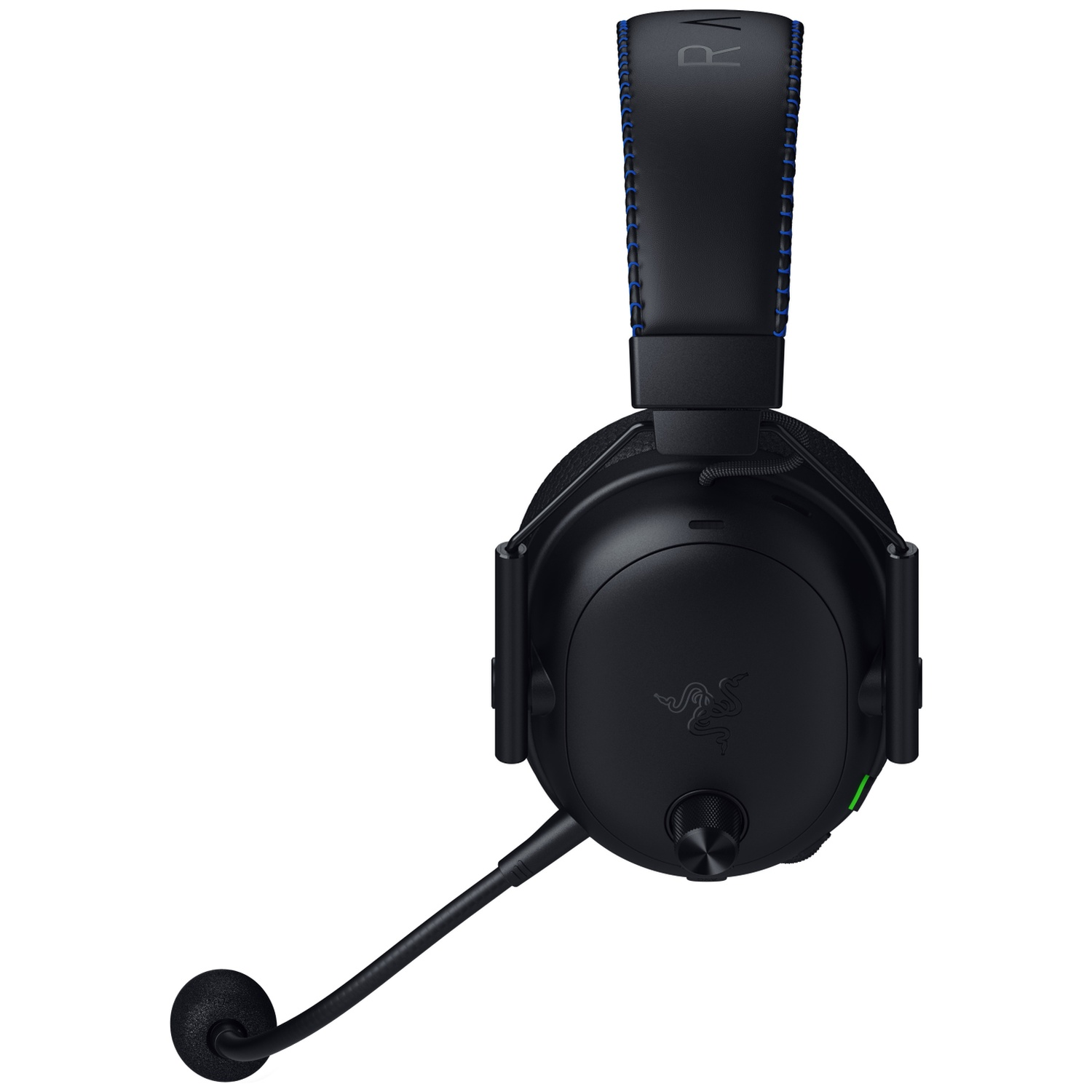 Black Razer gaming headset with a microphone. It features a padded headband with blue stitching and a Razer logo on the ear cup.