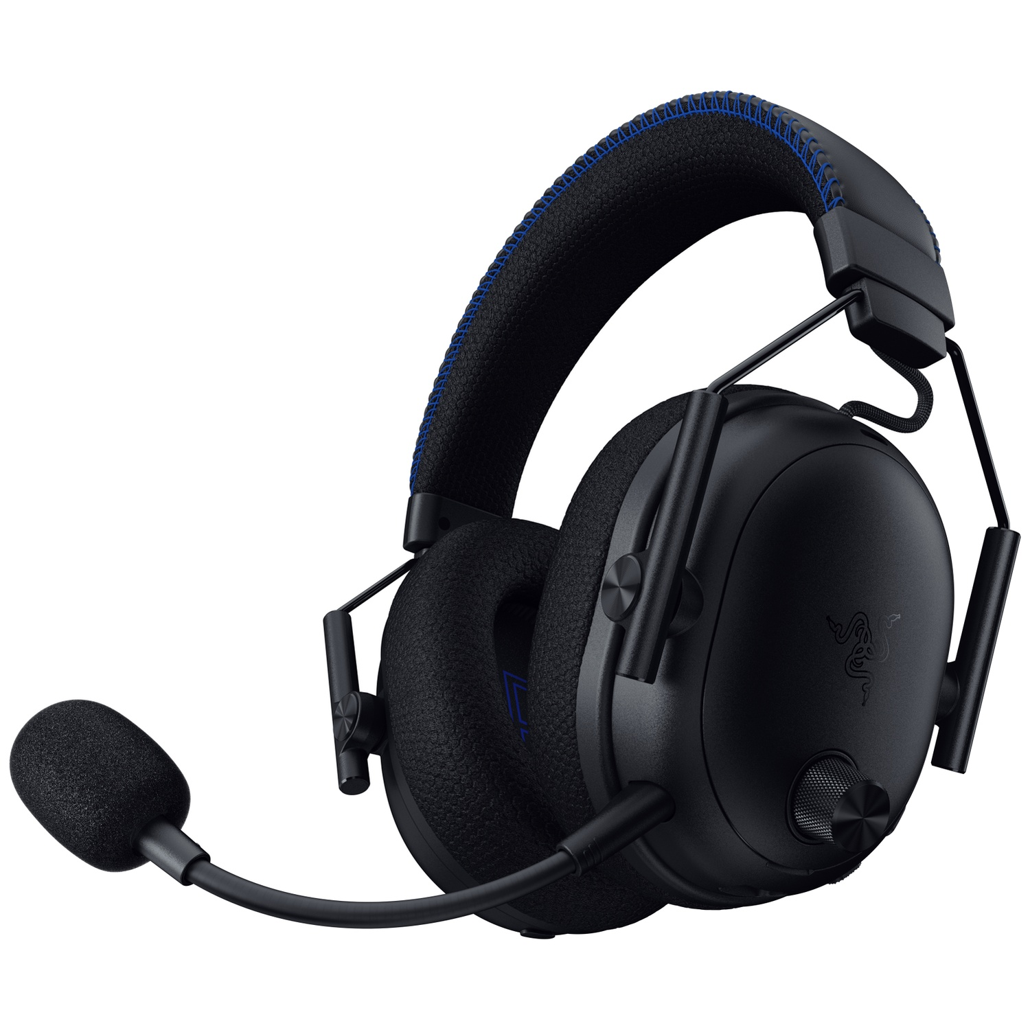 Black Razer gaming headset with a microphone. Blue stitching on headband. The headset is on a white background.