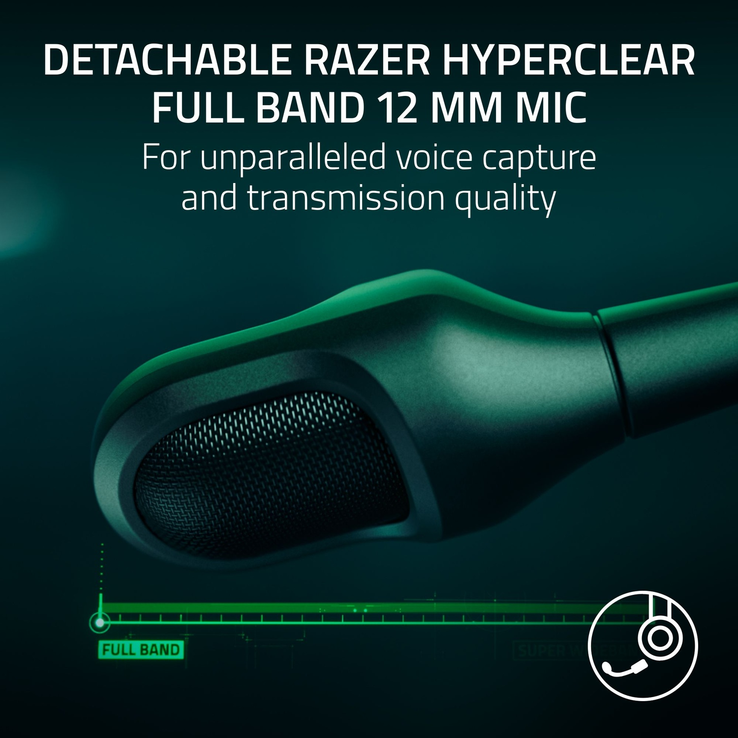 Close-up of a black microphone with a mesh cover. Text reads 'DETACHABLE RAZER HYPERCLEAR FULL BAND 12 MM MIC'.