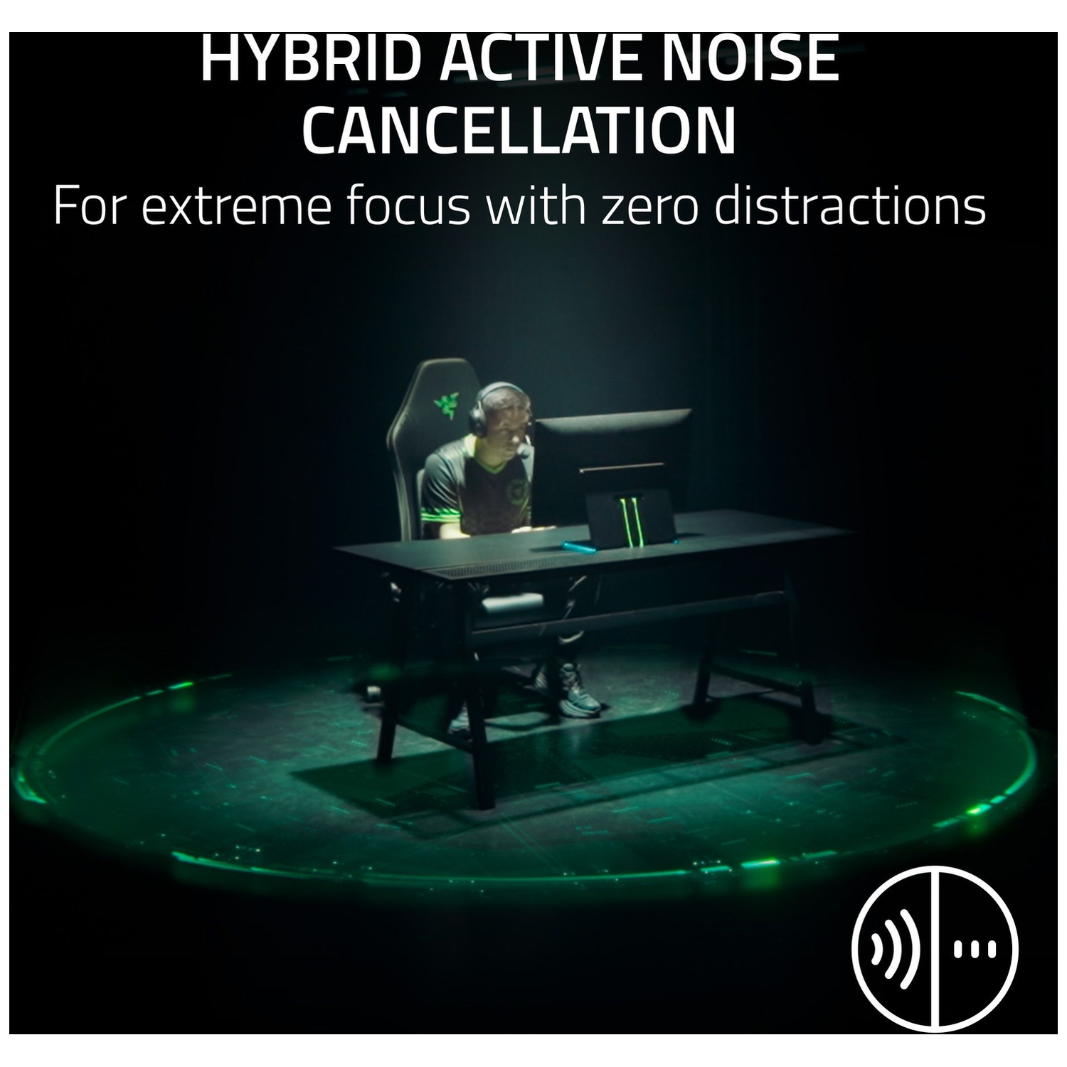 A person wearing headphones sits at a desk, illuminated by green light. The background is black, with text promoting noise cancellation.