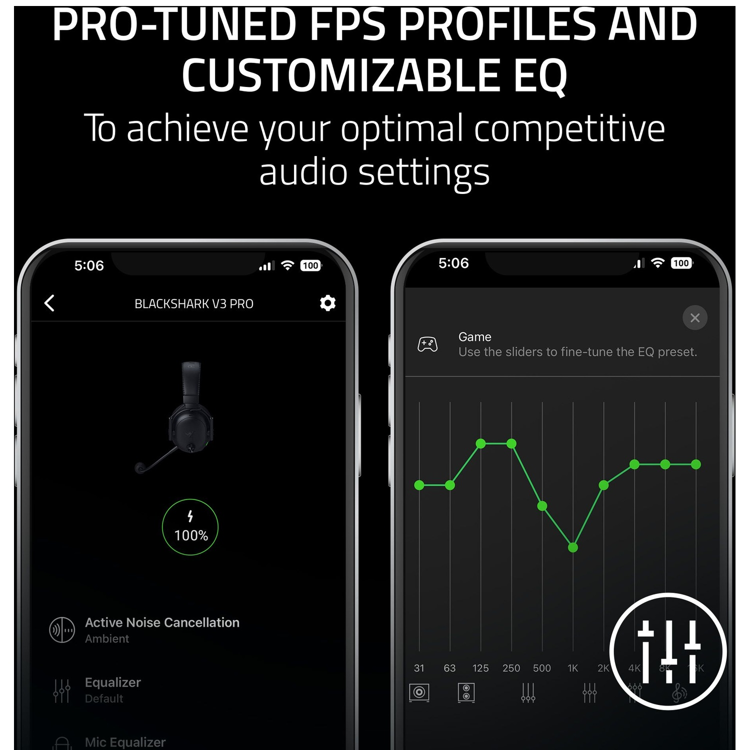 Two phones display audio settings. The left shows a headset and battery info. The right shows an EQ graph.