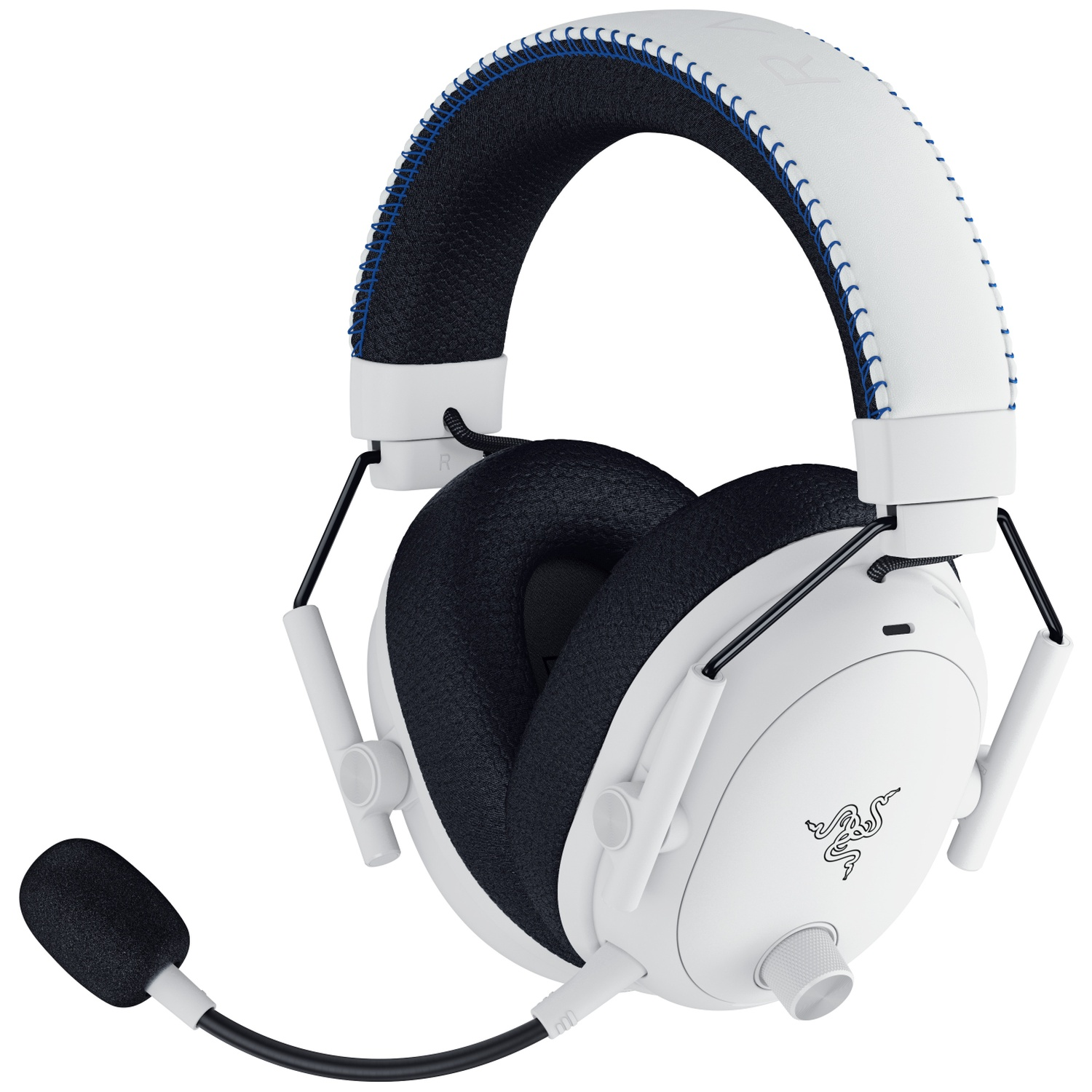Casque de jeu blanc avec oreillettes et microphone noirs. Coutures bleues sur le bandeau. Logo Razer visible.