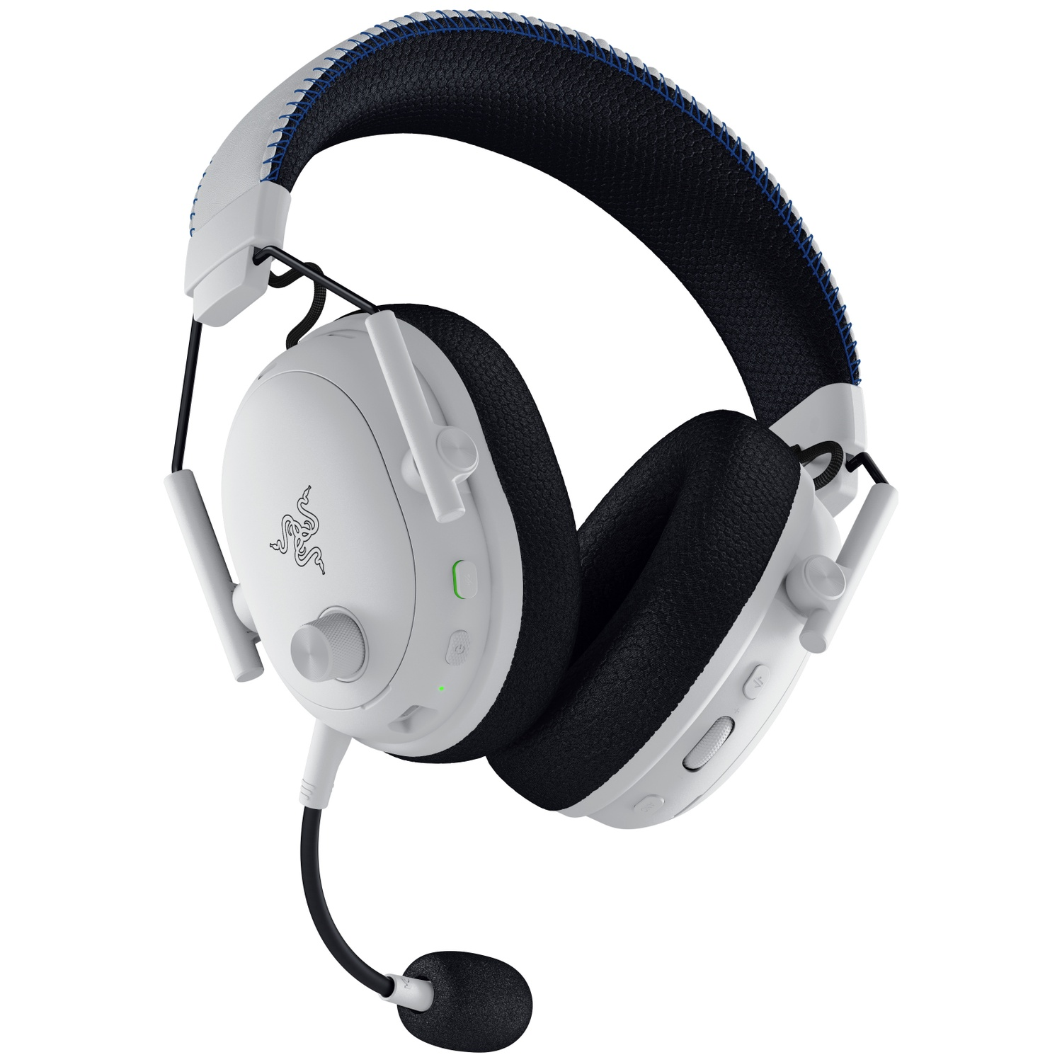 Casque de jeu blanc et noir. Le casque possède un microphone, des commandes de volume et le logo Razer. Coutures bleues sur le bandeau.